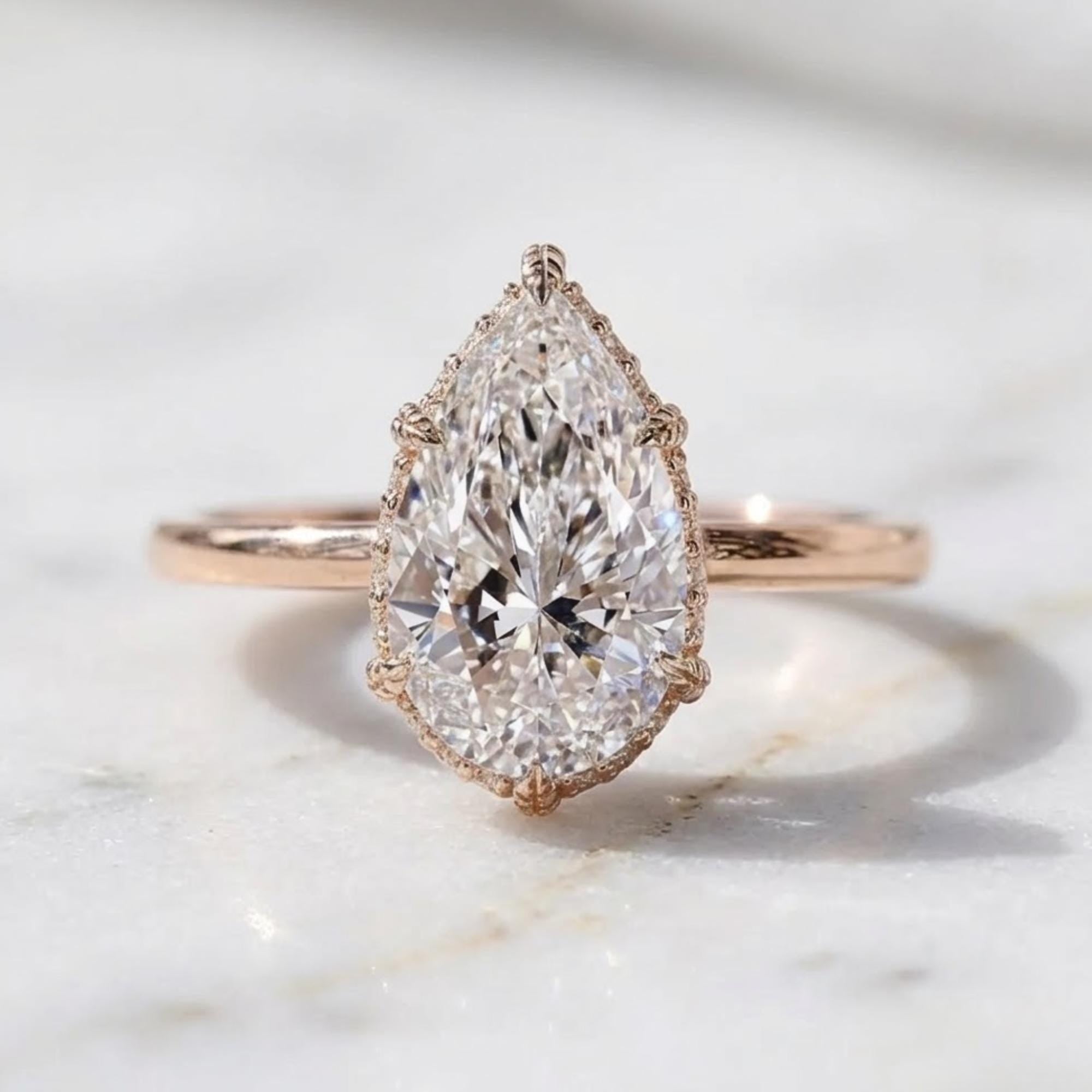 Hidden Halo Pear Engagement Ring, Pear Cut Moissanite Wedding Ring, Leaf Prong Setting Nature Inspired Ring, Anniversary Gift Ring