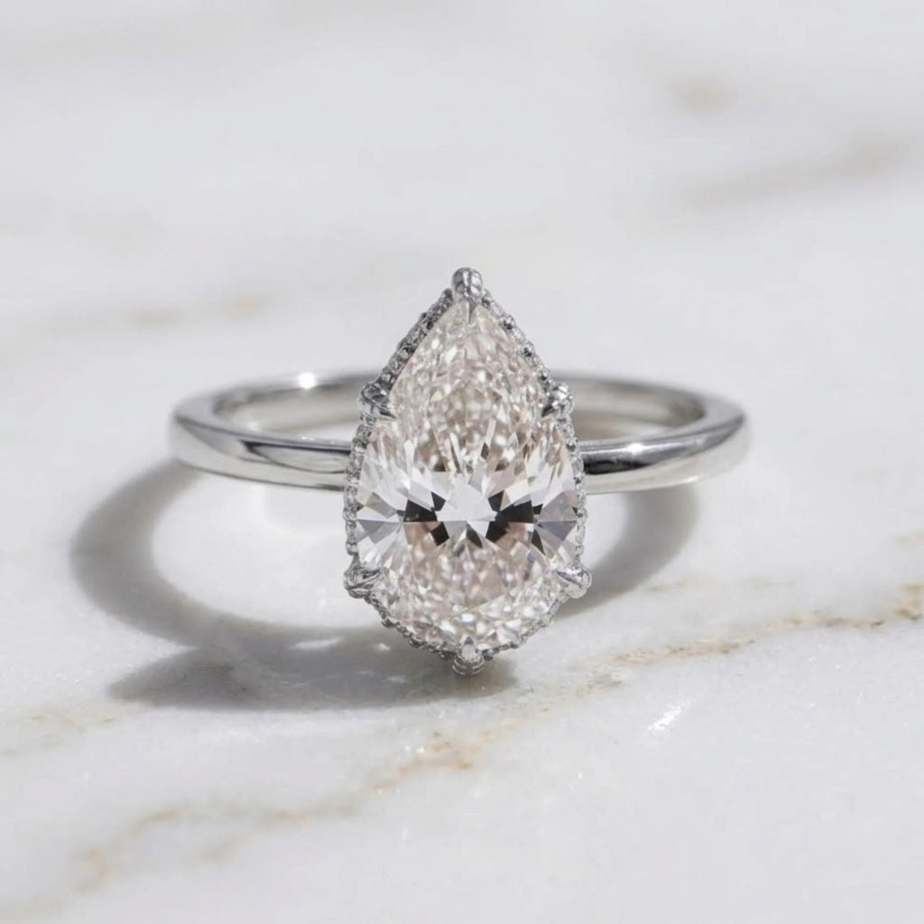 Hidden Halo Pear Engagement Ring, Pear Cut Moissanite Wedding Ring, Leaf Prong Setting Nature Inspired Ring, Anniversary Gift Ring