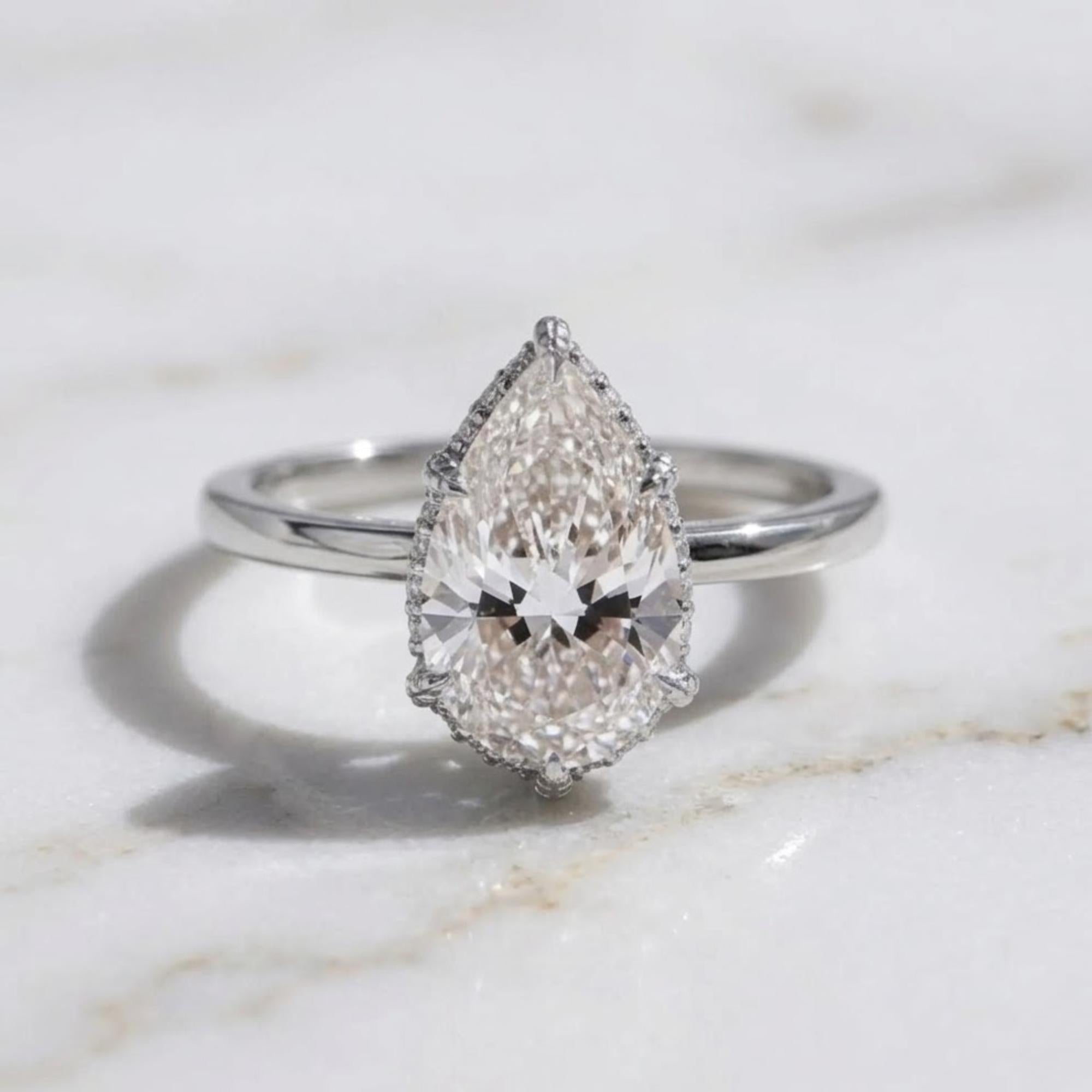 Hidden Halo Pear Engagement Ring, Pear Cut Moissanite Wedding Ring, Leaf Prong Setting Nature Inspired Ring, Anniversary Gift Ring