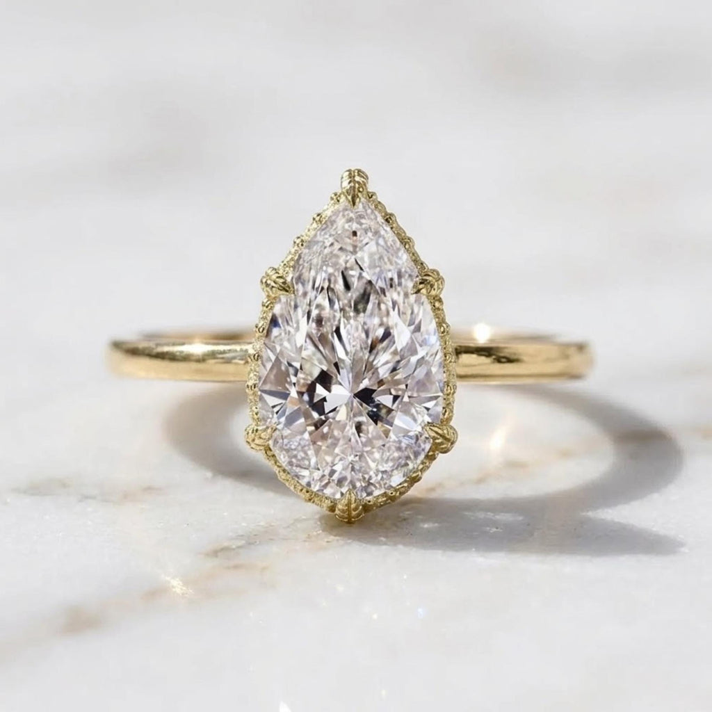 Hidden Halo Pear Engagement Ring, Pear Cut Moissanite Wedding Ring, Leaf Prong Setting Nature Inspired Ring, Anniversary Gift Ring