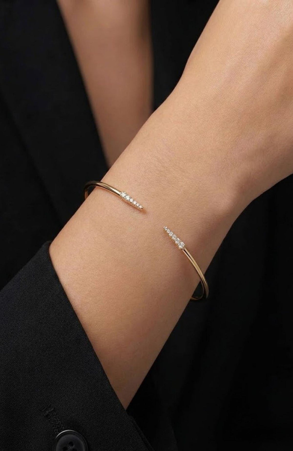 14K Gold Pavé Open Cuff Bracelet - Dainty Diamond Bangle - Minimalist Stackable Bracelet - Thin Cuff for Women, Bridesmaid Gift - Adjustable