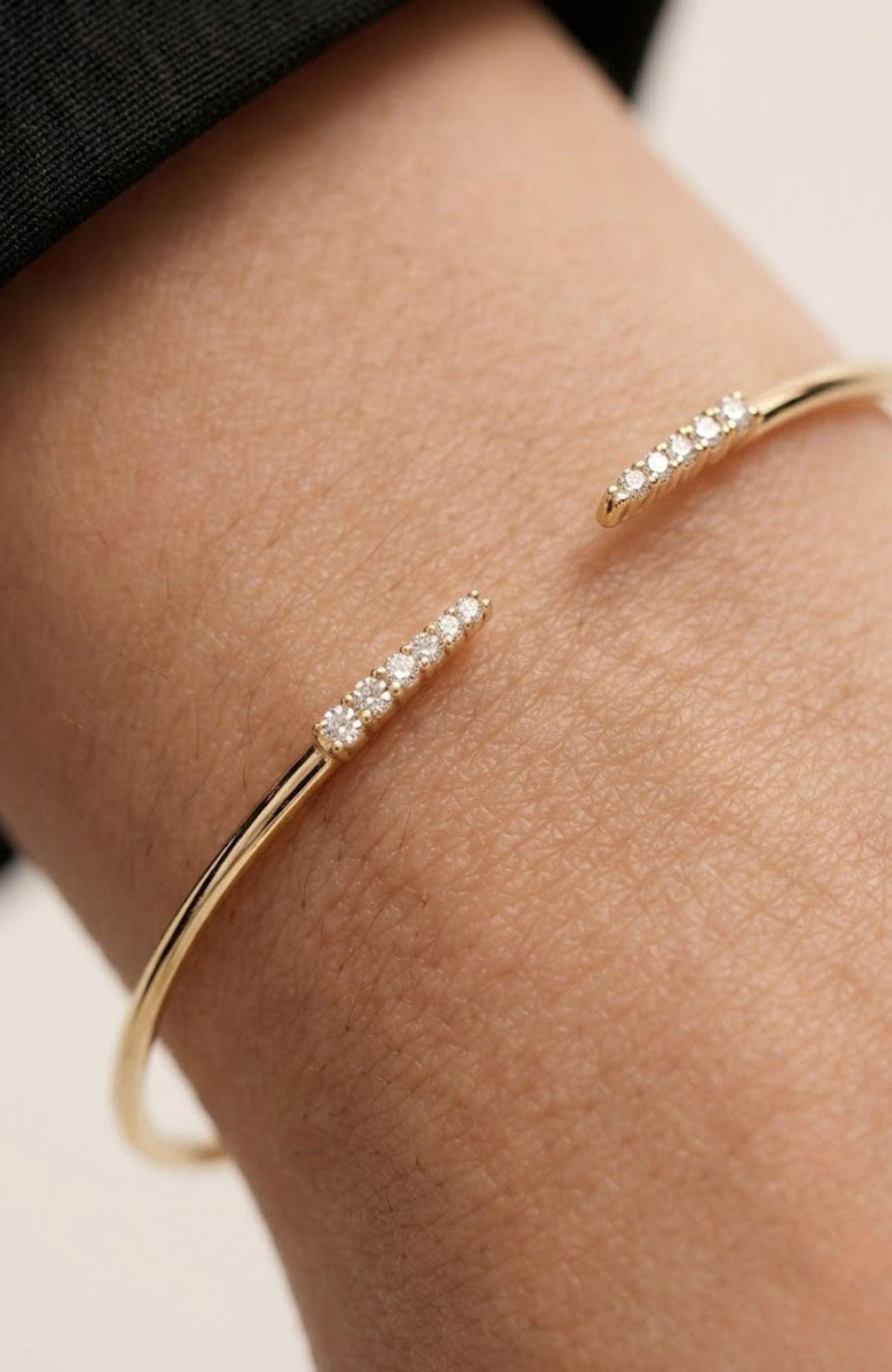 14K Gold Pavé Open Cuff Bracelet - Dainty Diamond Bangle - Minimalist Stackable Bracelet - Thin Cuff for Women, Bridesmaid Gift - Adjustable