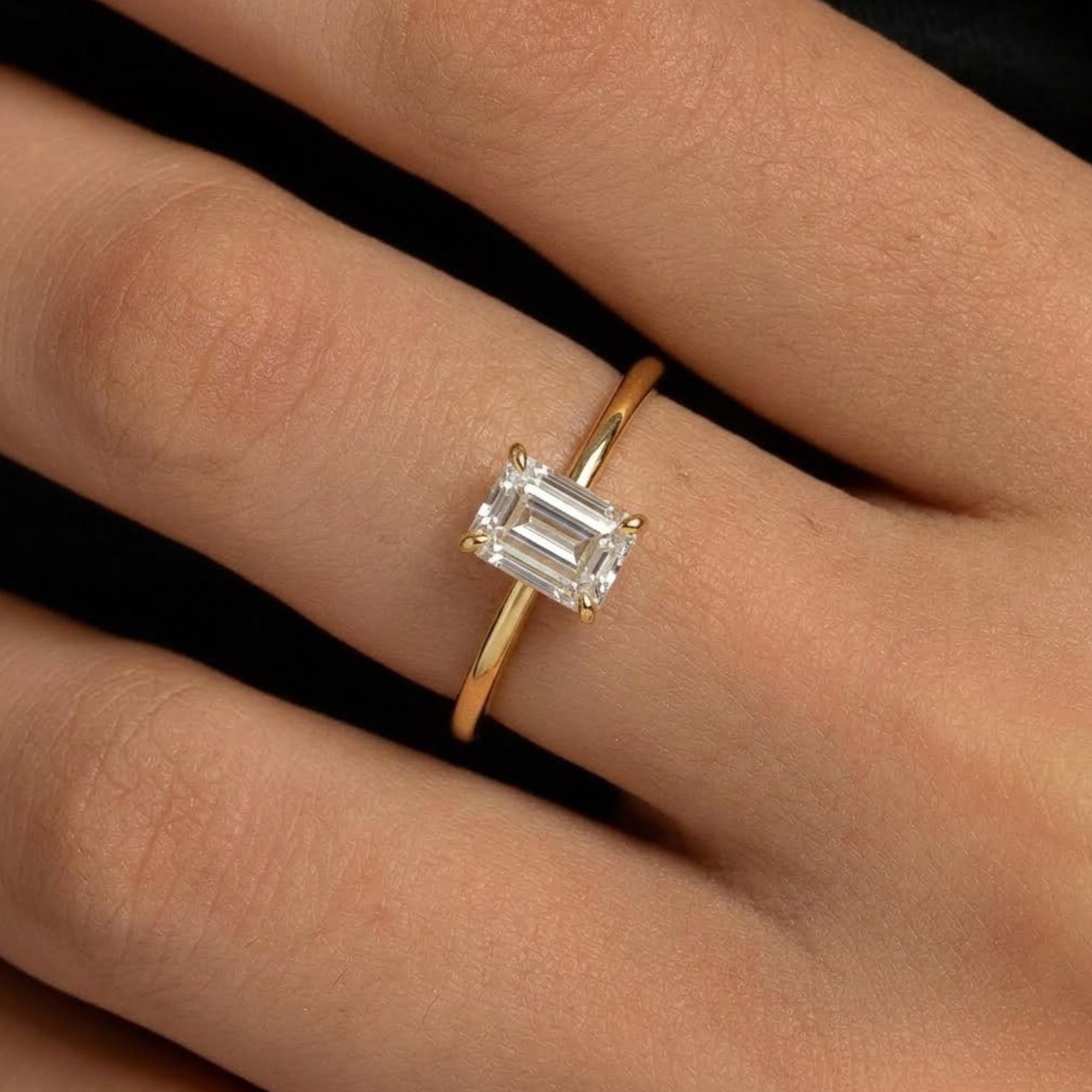 3 CT Emerald Cut Moissanite Ring, Dainty Solitaire Engagement Ring, 14K Gold Minimal Ring, Anniversary Gift for Her