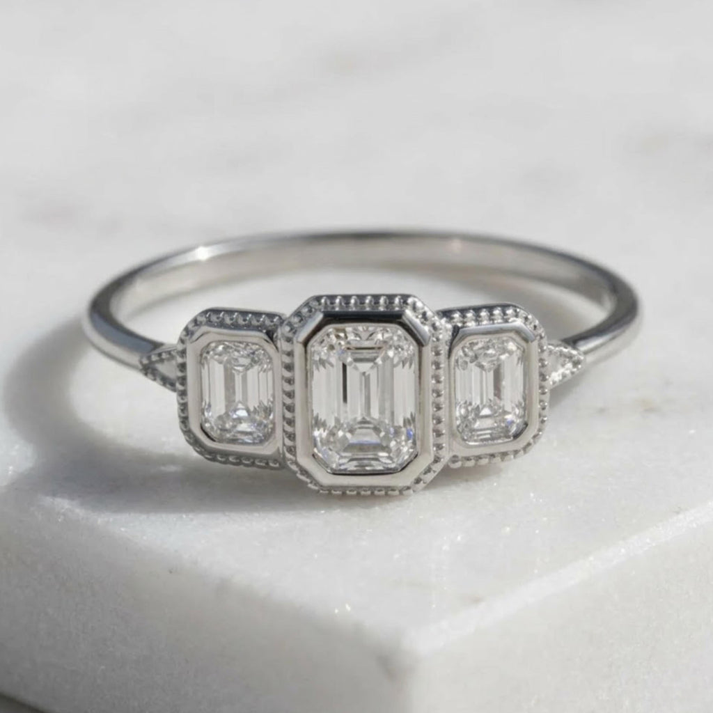 14k Gold Step Cut emerald Moissanite / Alternative Engagement Ring
