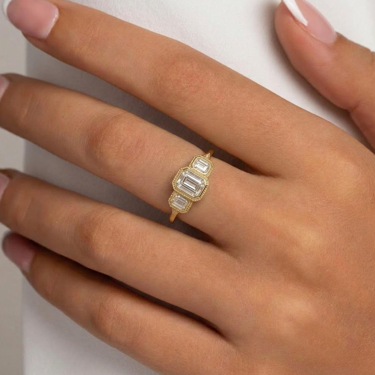 14k Gold Step Cut emerald Moissanite / Alternative Engagement Ring