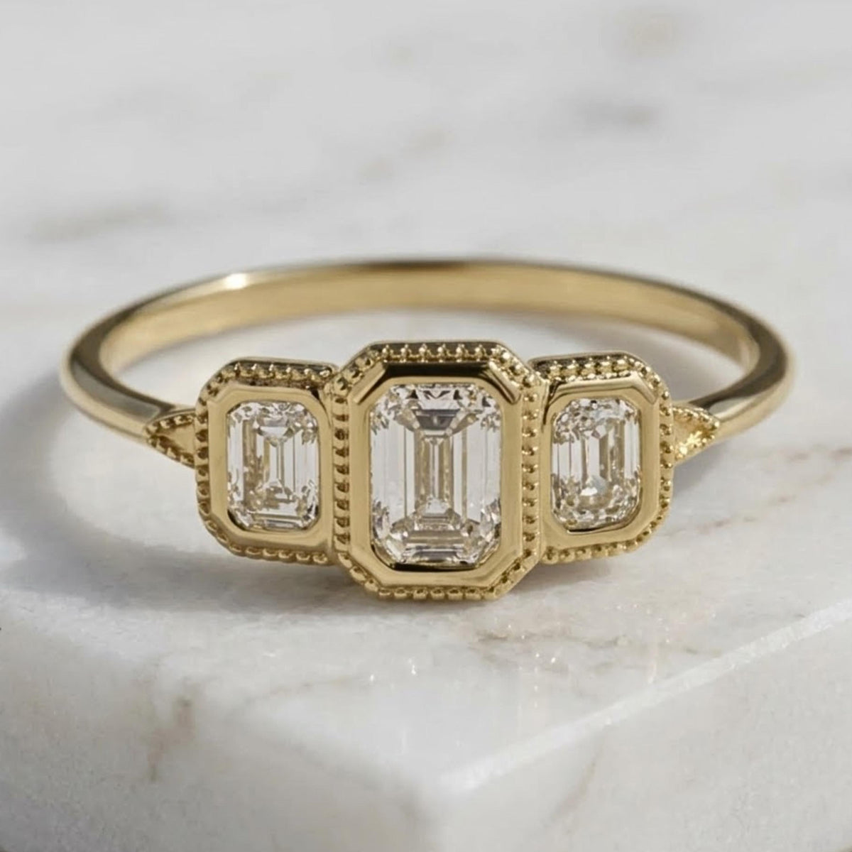 14k Gold Step Cut emerald Moissanite / Alternative Engagement Ring
