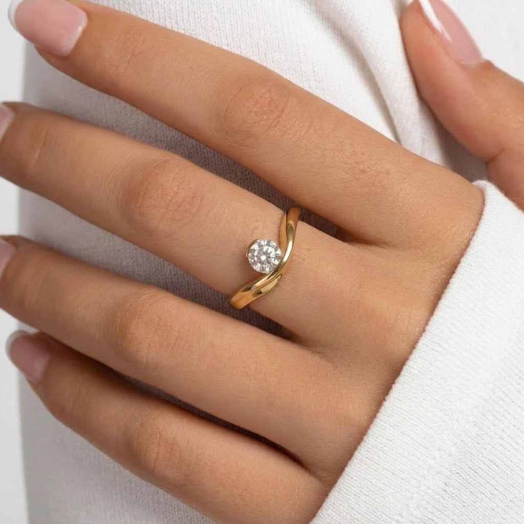 Round Cut Moissanite Engagement Ring: 14K Yellow Gold Wave Band,  Promise Ring