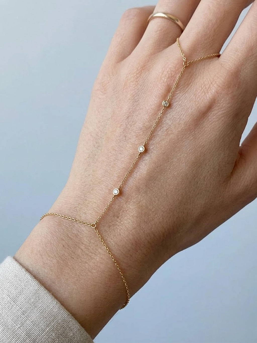 Gold Hand Chain Bracelet with Moissanite |  925 Sterling Silver Hand Harness | Minimal Jewelry, Waterproof, Parisian Chic