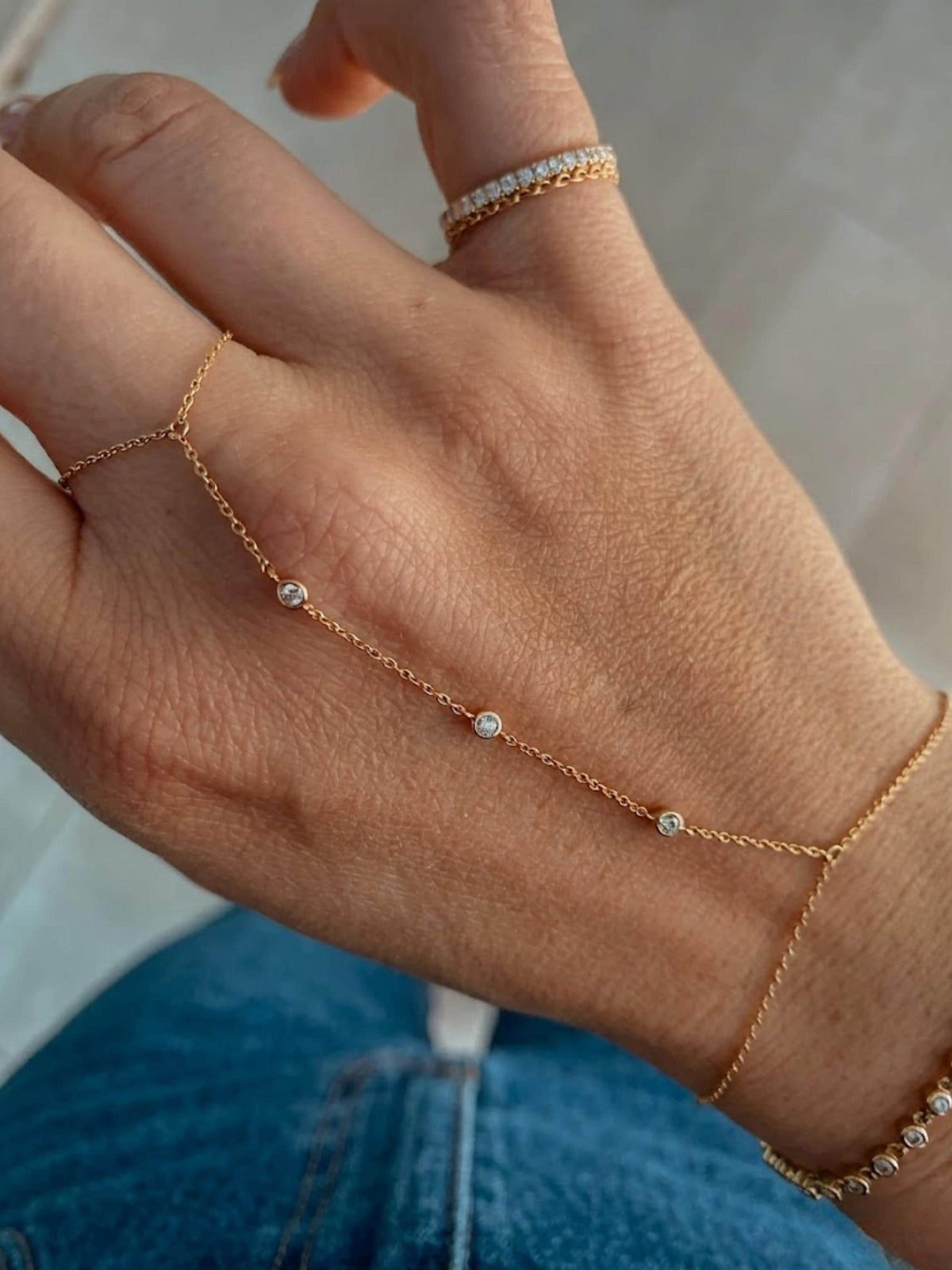 14K  Solid Gold Hand Chain Bracelet in 925 Sterling Silver – Dainty Finger Bracelet with Moissanite