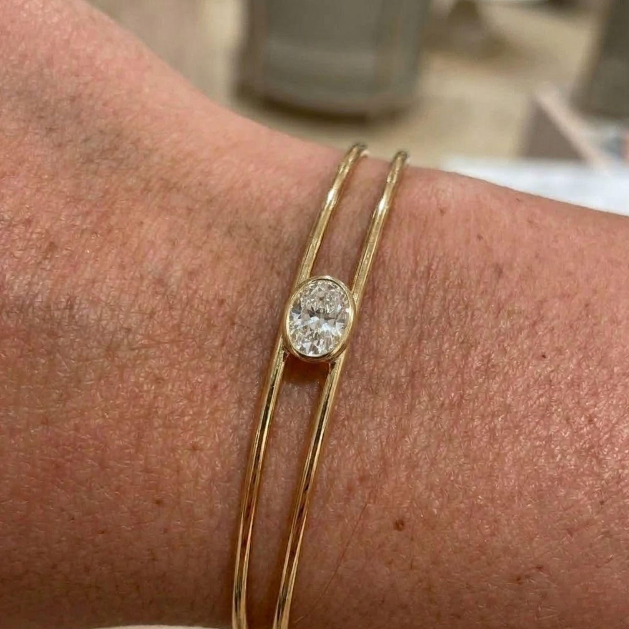 1.50 Ct Moissanite Bangle, 14K Gold Moissanite Bangle, Open Cuff Bangle