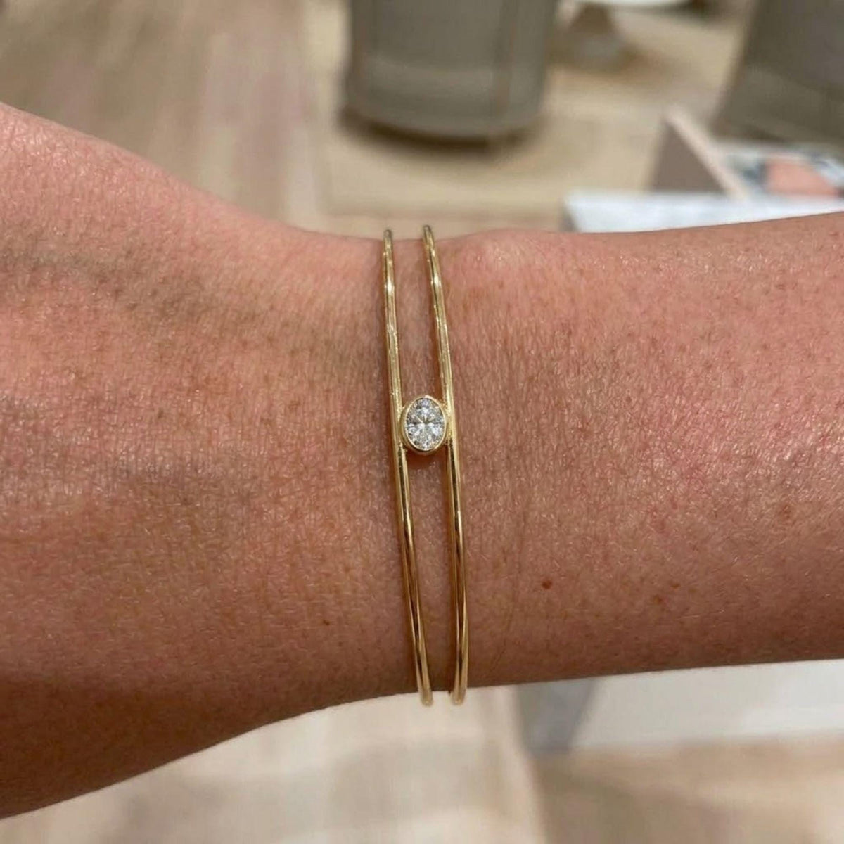 1.50 Ct Moissanite Bangle, 14K Gold Moissanite Bangle, Open Cuff Bangle