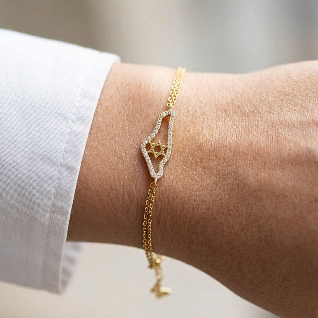 Moissanite Israel Map Bracelet Magen David Bracelet 14K Gold Jewish Star Bracelet Judaica Gift Made in Israel Bracelet Israel Jewelry Jewish
