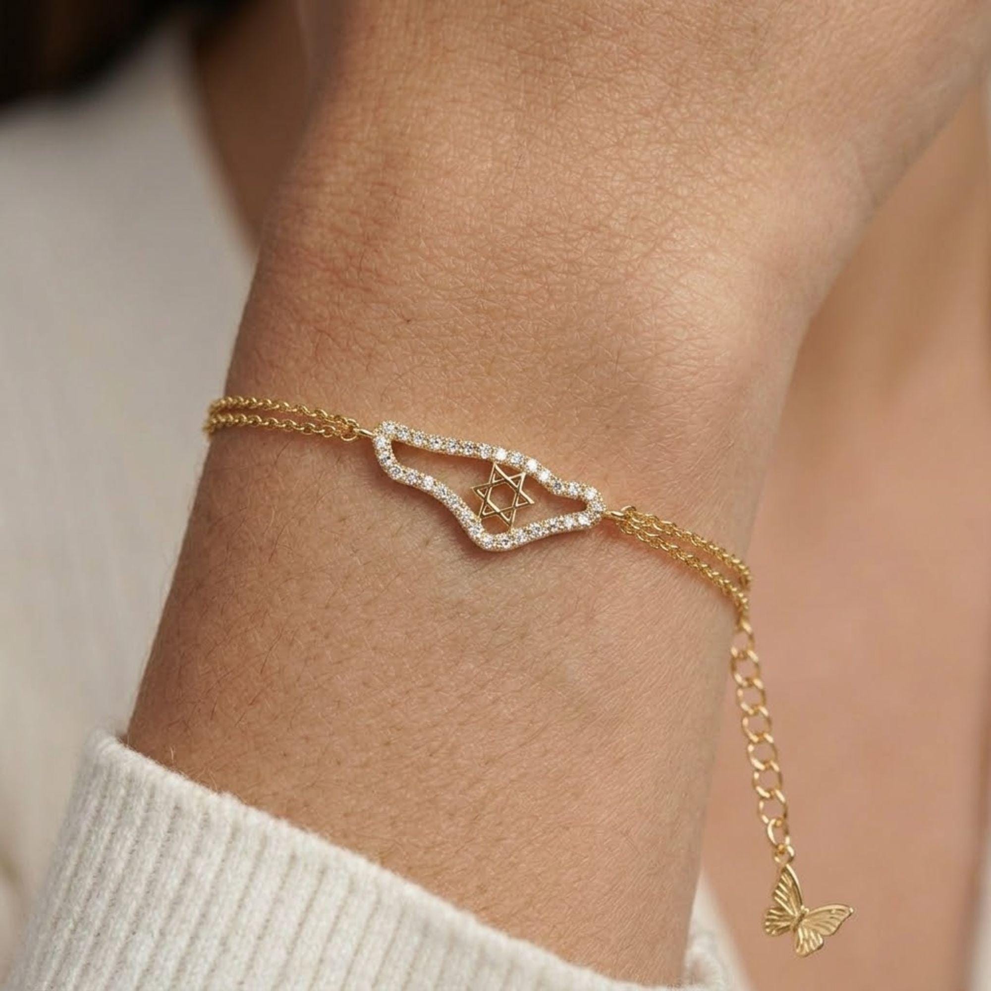 Moissanite Israel Map Bracelet Magen David Bracelet 14K Gold Jewish Star Bracelet Judaica Gift Made in Israel Bracelet Israel Jewelry Jewish