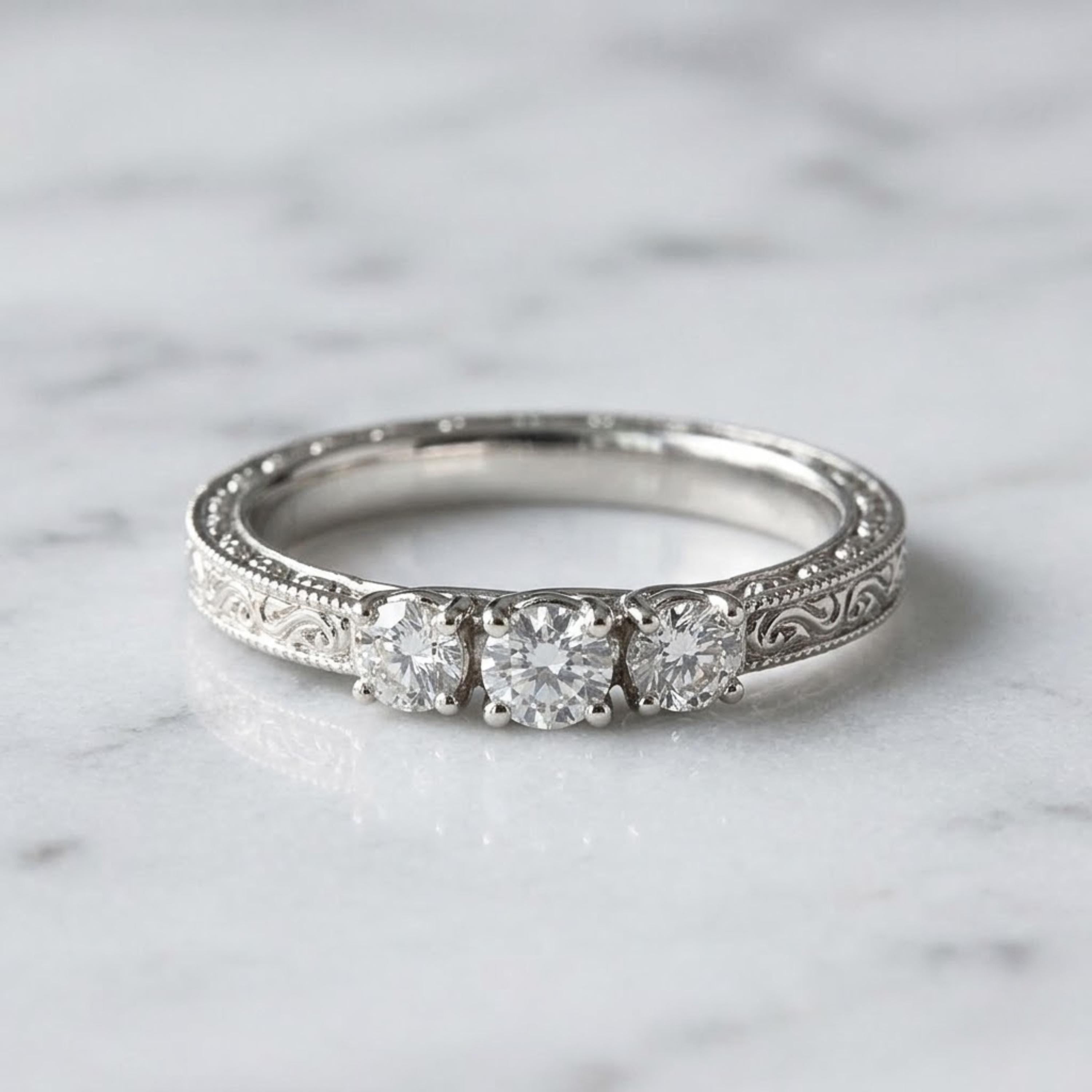 Round Cut Moissanite Ring, Vintage Three Stone Engagement Ring, 14K Solid Gold Dainty Minimalist Jewelry, Round Side Stone Promise Ring