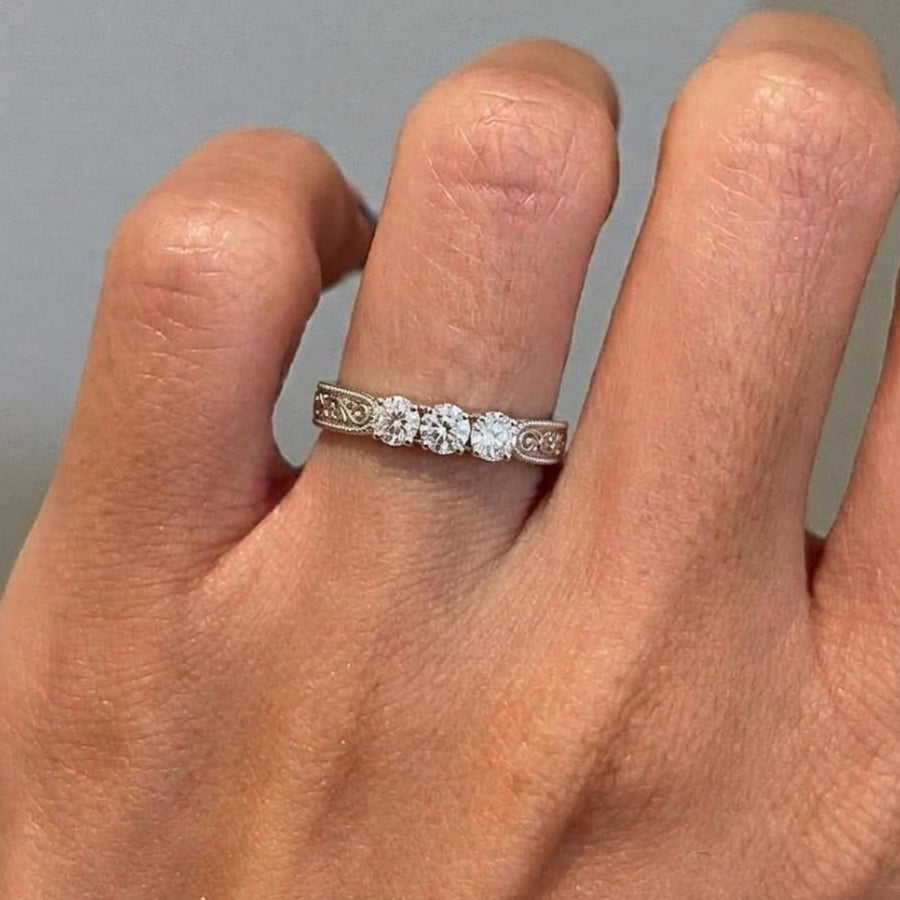 Round Cut Moissanite Ring, Vintage Three Stone Engagement Ring, 14K Solid Gold Dainty Minimalist Jewelry, Round Side Stone Promise Ring