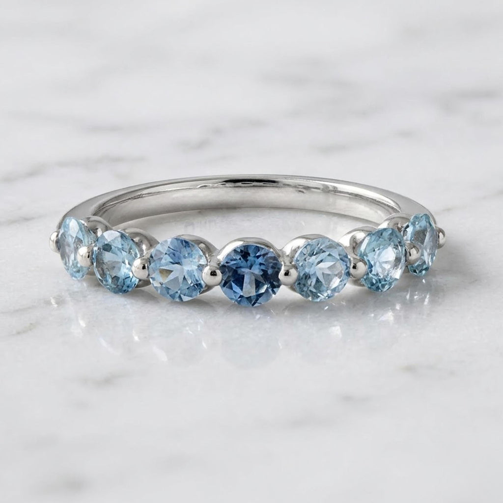 Blue Sapphire Half Eternity Band Pave Alternating Sapphire Diamond Infinity Wedding Band Anniversary September April Stack Ring