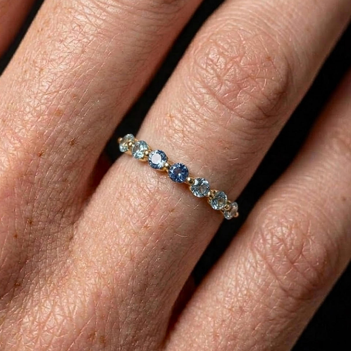 Blue Sapphire Half Eternity Band Pave Alternating Sapphire Diamond Infinity Wedding Band Anniversary September April Stack Ring