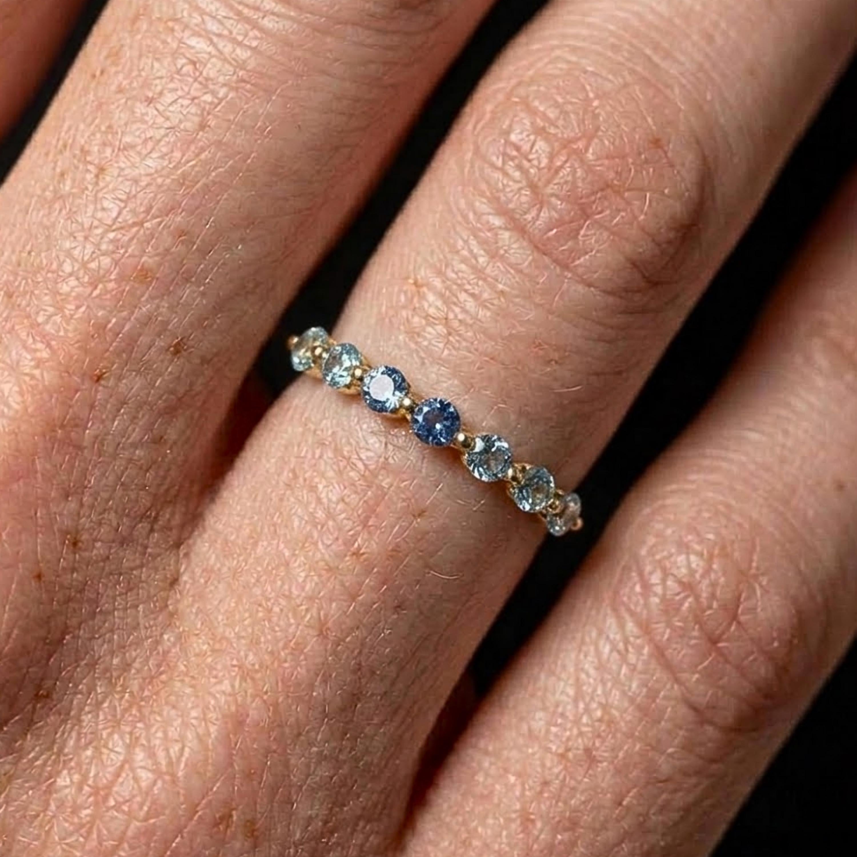 Blue Sapphire Half Eternity Band Pave Alternating Sapphire Diamond Infinity Wedding Band Anniversary September April Stack Ring
