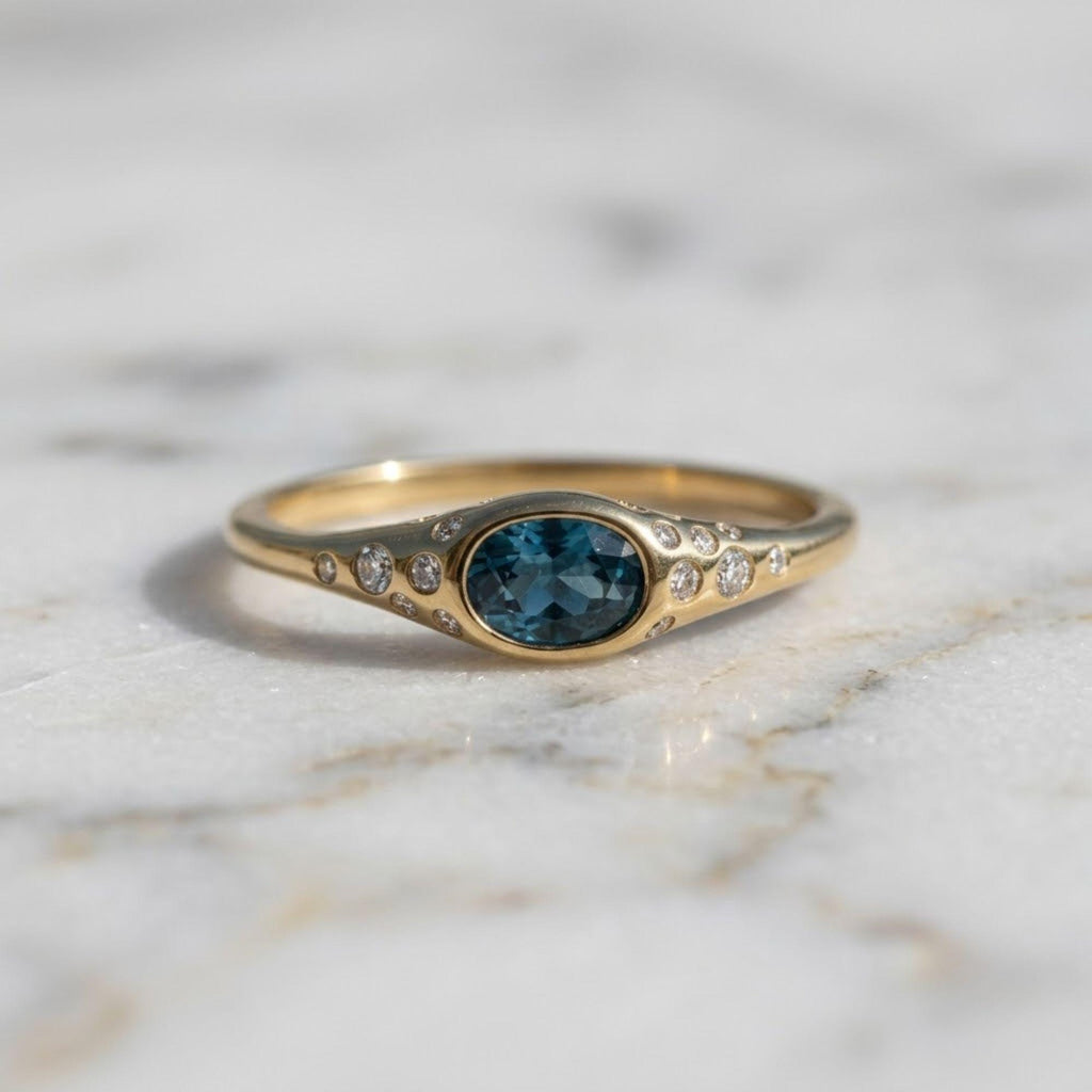Blue Sapphire Moissanite Ring, Oval Bezel Ring, Dainty Gold Ring, Minimal Vintage Ring, Unique Engagement Ring, Promise Ring