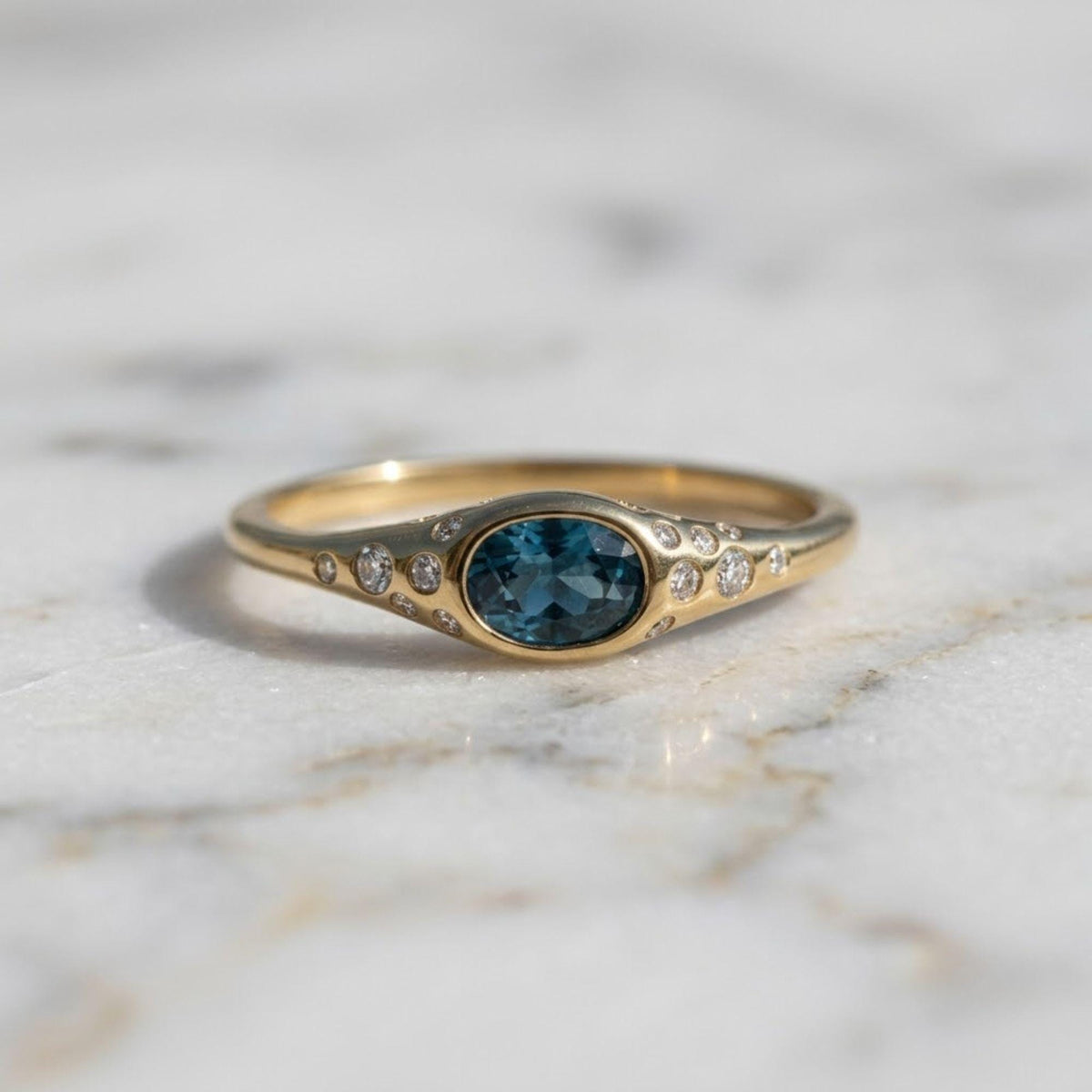 Blue Sapphire Moissanite Ring, Oval Bezel Ring, Dainty Gold Ring, Minimal Vintage Ring, Unique Engagement Ring, Promise Ring