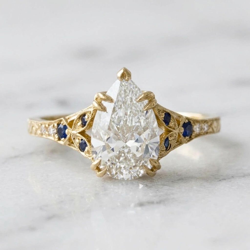 Vintage Pear Moissanite Ring, Art Deco Engagement Ring, Yellow Gold Sapphire Ring, Antique Style Bridal Jewelry for Women