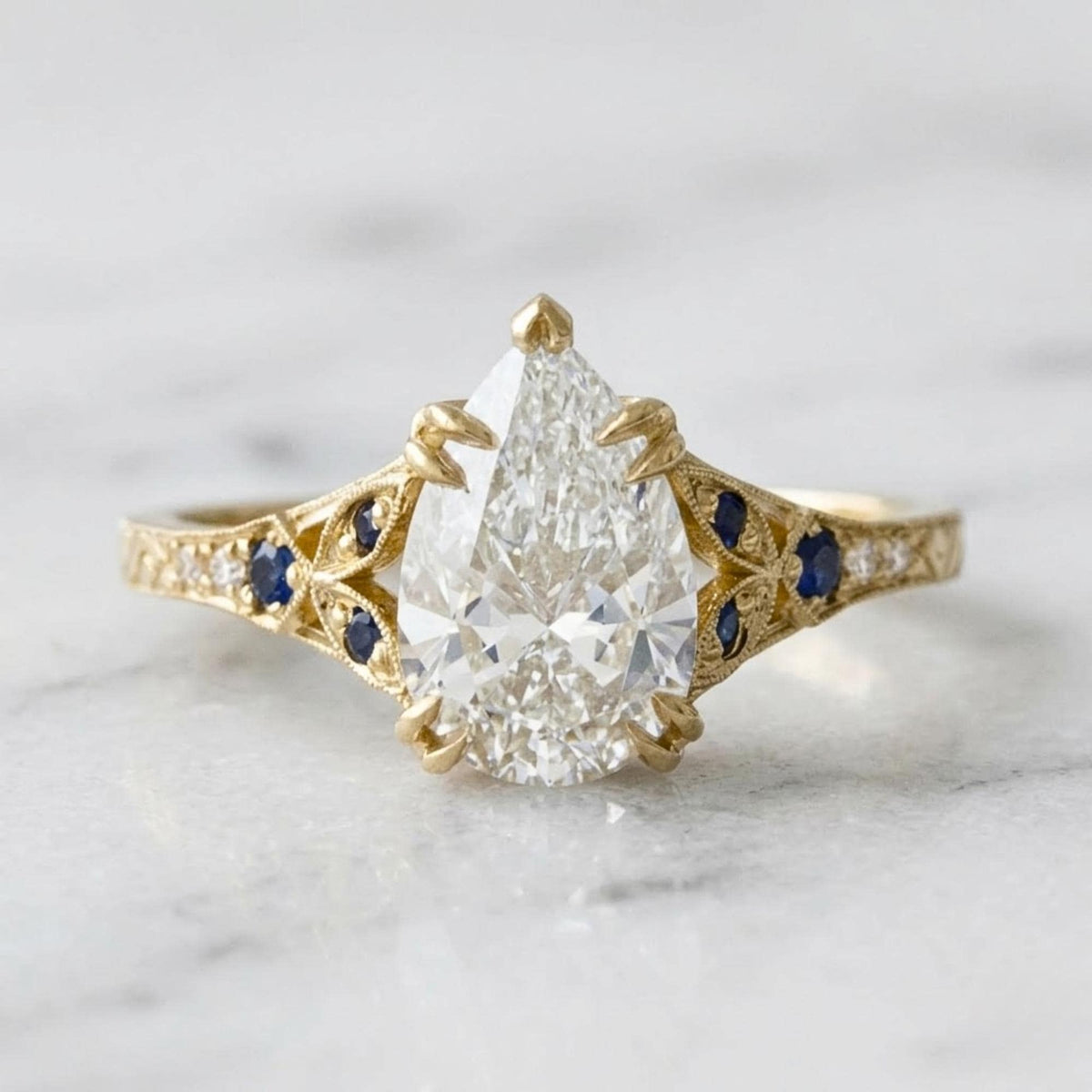 Vintage Pear Moissanite Ring, Art Deco Engagement Ring, Yellow Gold Sapphire Ring, Antique Style Bridal Jewelry for Women