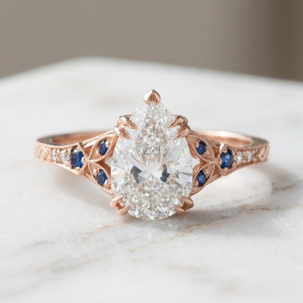 Vintage Pear Moissanite Ring, Art Deco Engagement Ring, Yellow Gold Sapphire Ring, Antique Style Bridal Jewelry for Women