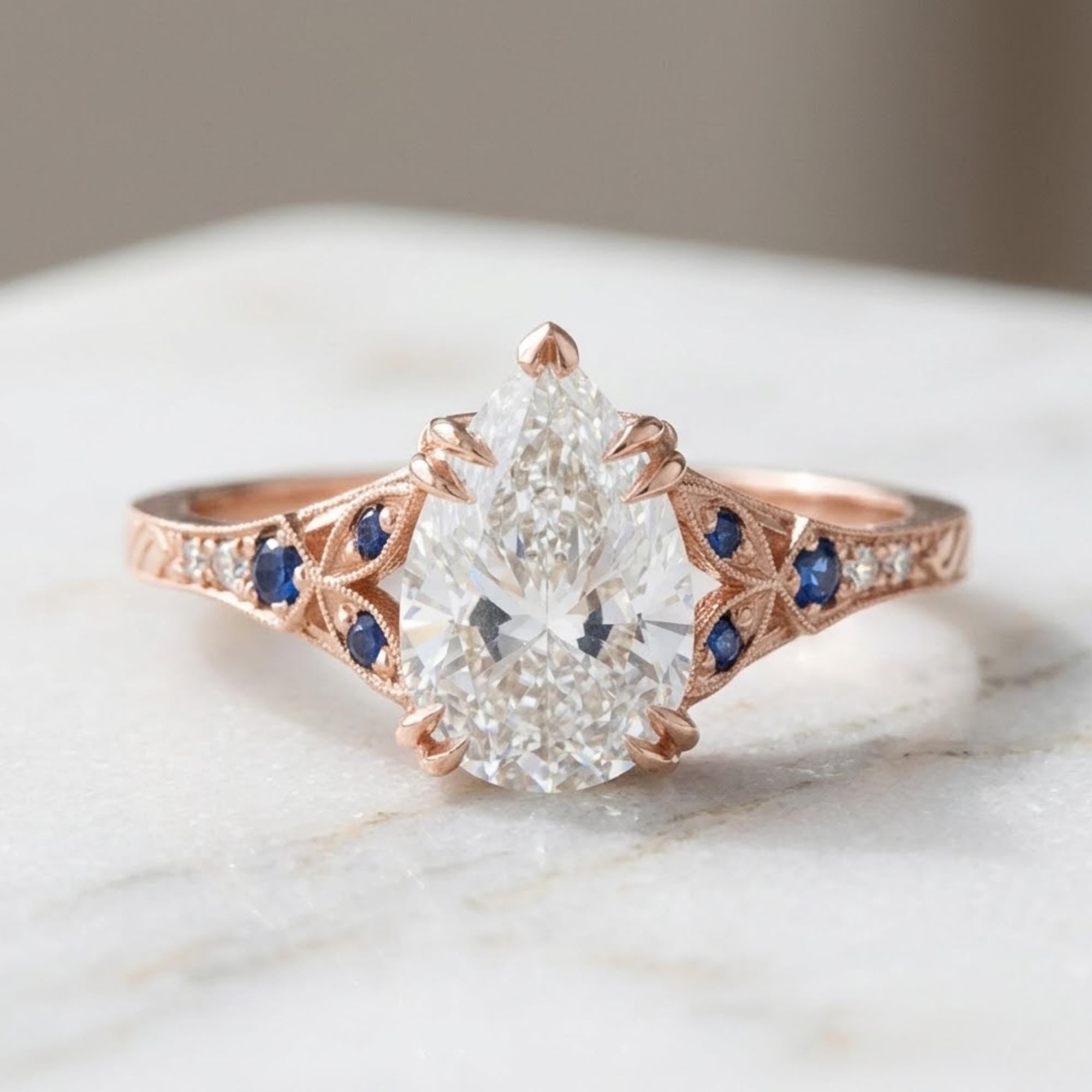 Vintage Pear Moissanite Ring, Art Deco Engagement Ring, Yellow Gold Sapphire Ring, Antique Style Bridal Jewelry for Women