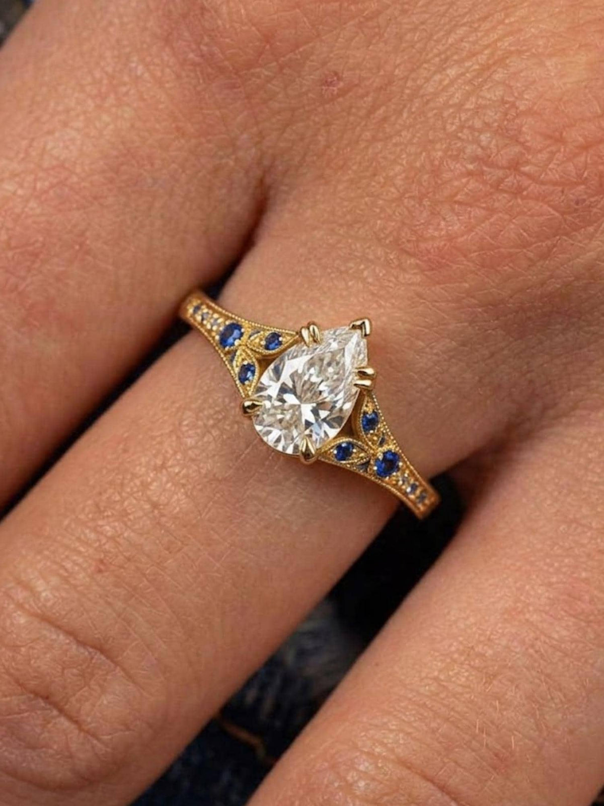 Vintage Pear Moissanite Ring, Art Deco Engagement Ring, Yellow Gold Sapphire Ring, Antique Style Bridal Jewelry for Women