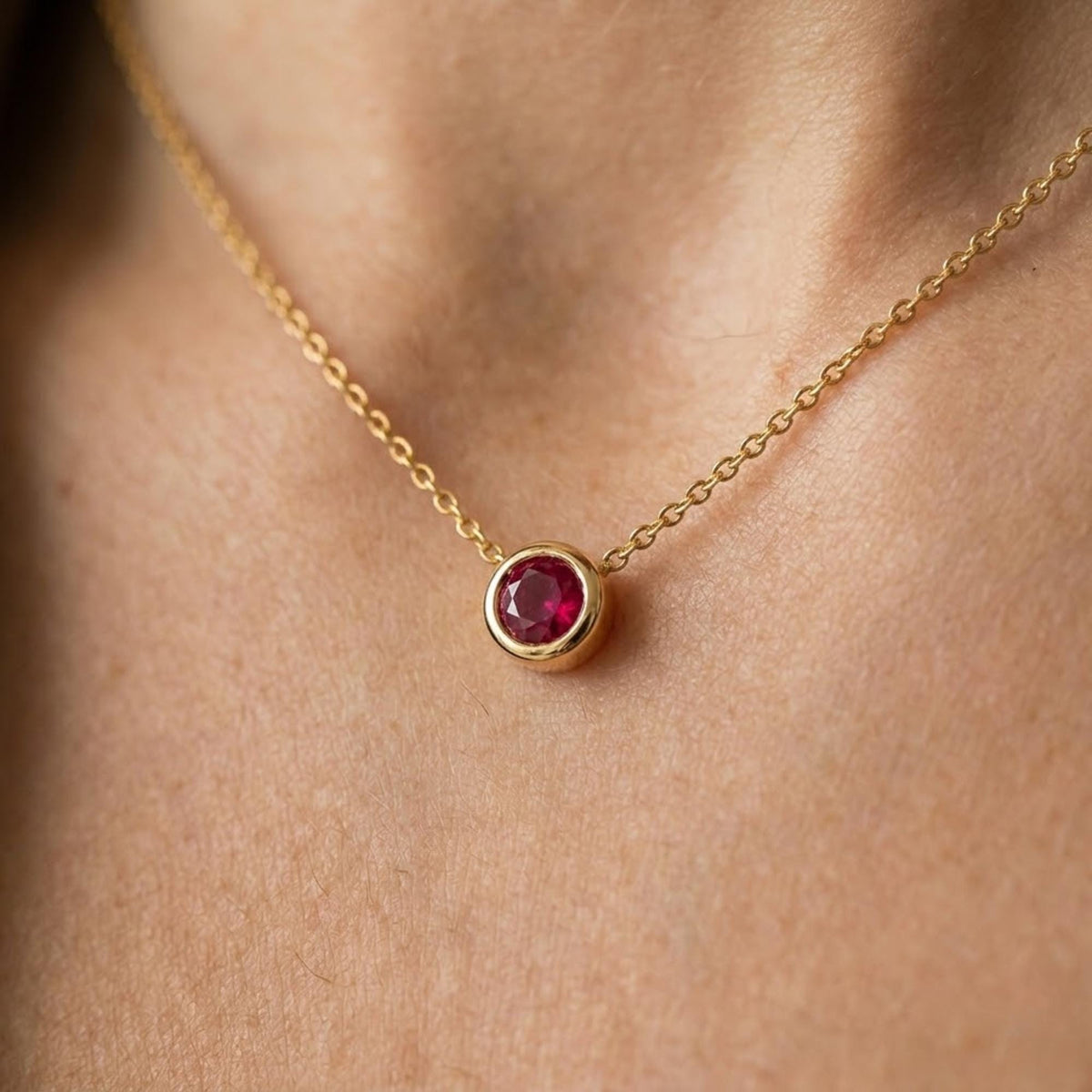 Round Bezel Rubby Necklace, Adjustable Chain for Layering or Everyday Wear, Minimalist Design