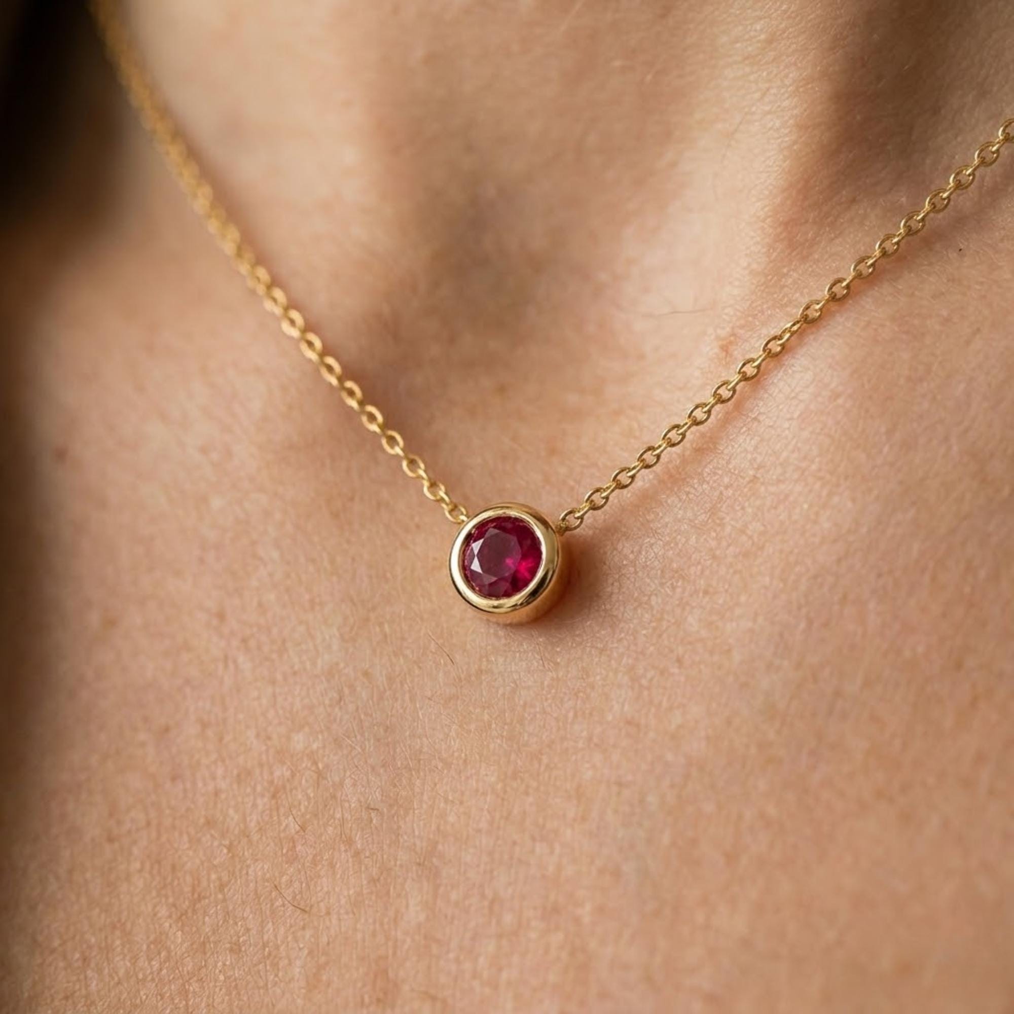 Round Bezel Rubby Necklace, Adjustable Chain for Layering or Everyday Wear, Minimalist Design