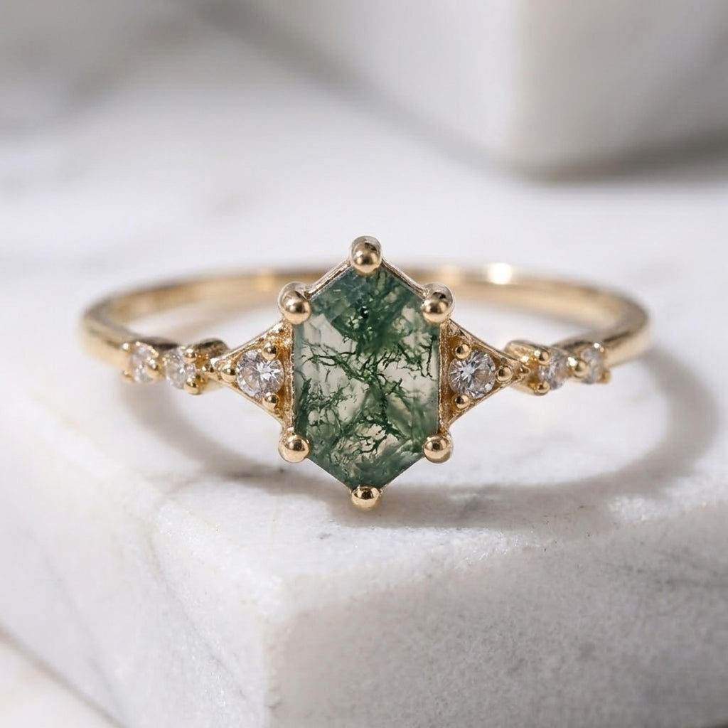 Hexagon Moss Agate Ring | 14K Solid Gold Moissanite Ring | Dainty Green Gemstone Engagement Ring | Unique Boho Ring | Gift for Her