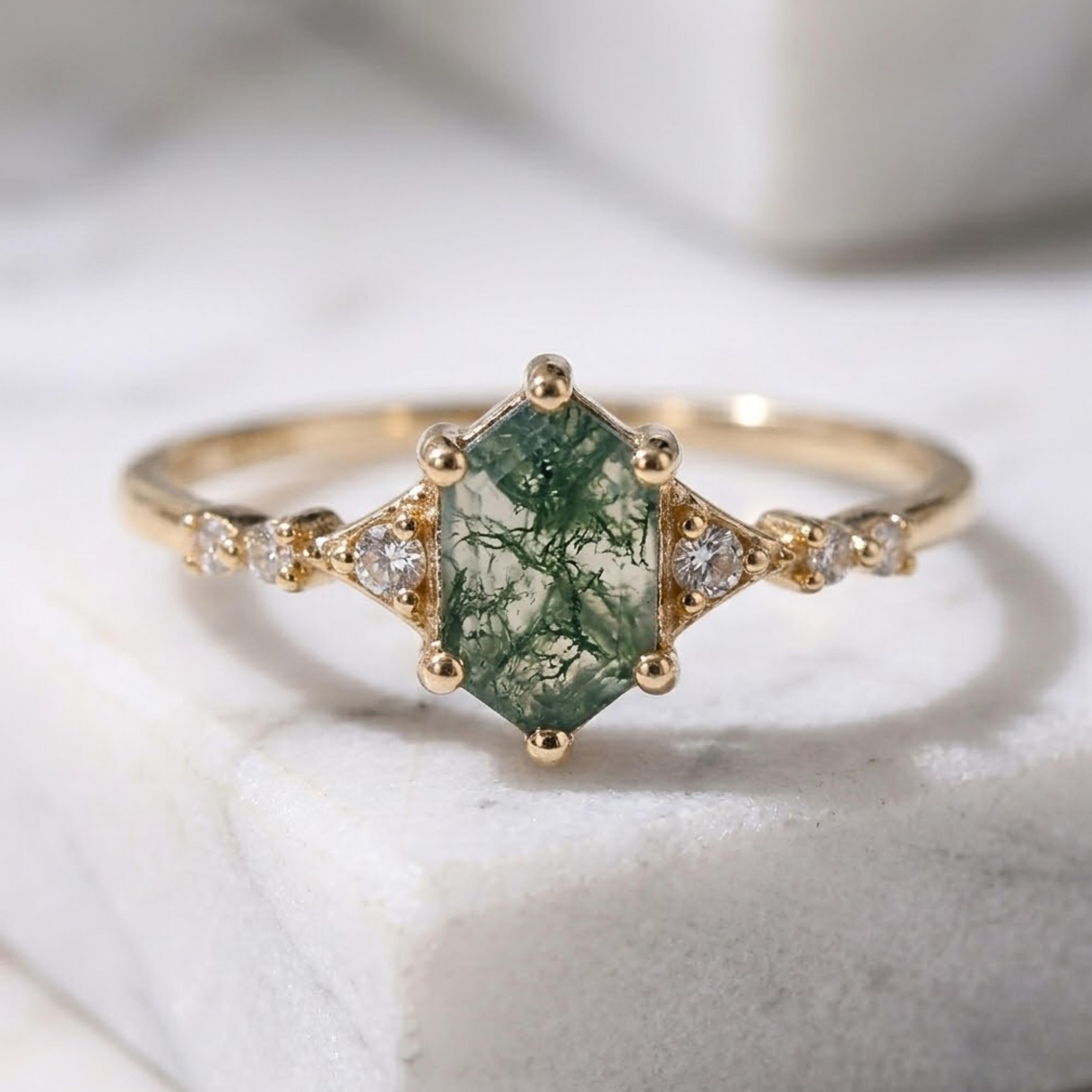 Hexagon Moss Agate Ring | 14K Solid Gold Moissanite Ring | Dainty Green Gemstone Engagement Ring | Unique Boho Ring | Gift for Her