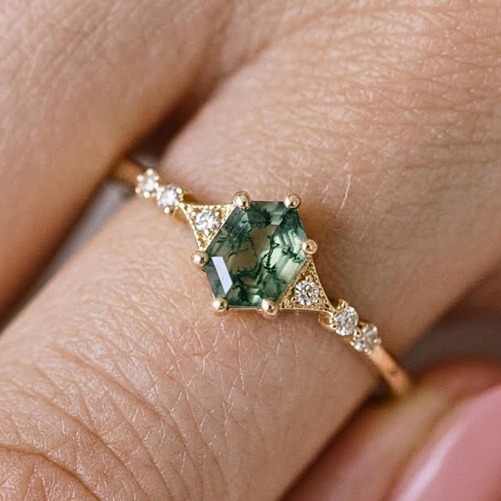 Hexagon Moss Agate Ring | 14K Solid Gold Moissanite Ring | Dainty Green Gemstone Engagement Ring | Unique Boho Ring | Gift for Her