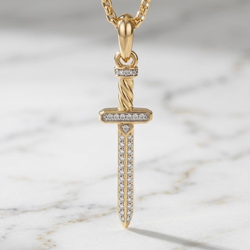 Sword Charm Necklace, 14K Gold Sword Necklace, Moissanite Pendant Necklace, Sword Necklace for men, Sterling Silver Sword Pendant