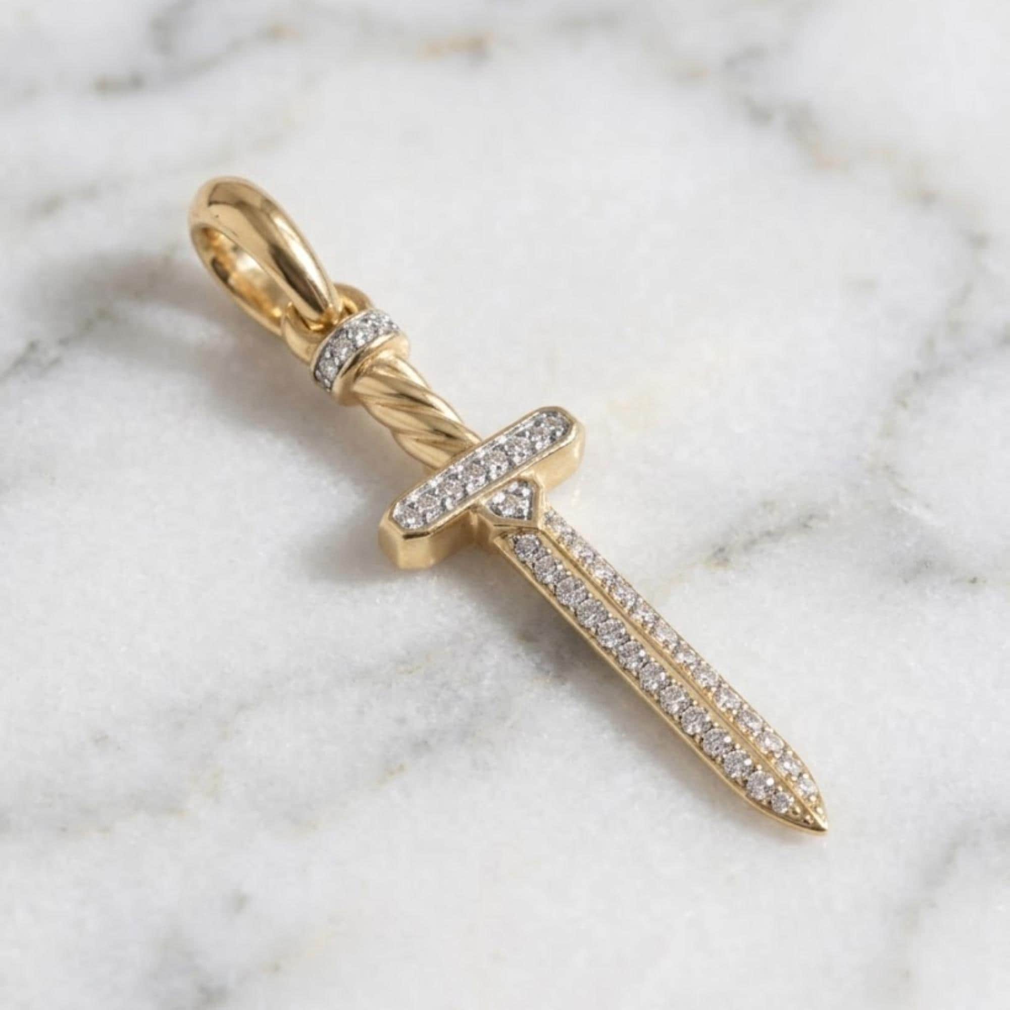 Sword Charm Necklace, 14K Gold Sword Necklace, Moissanite Pendant Necklace, Sword Necklace for men, Sterling Silver Sword Pendant