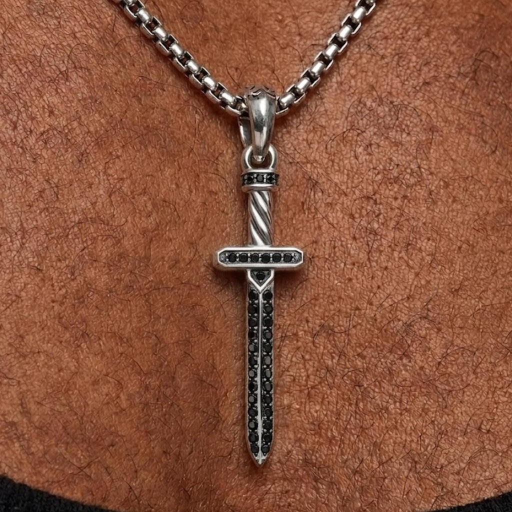 Sword Charm Necklace, 14K Gold Sword Necklace, Moissanite Pendant Necklace, Sword Necklace for men, Sterling Silver Sword Pendant