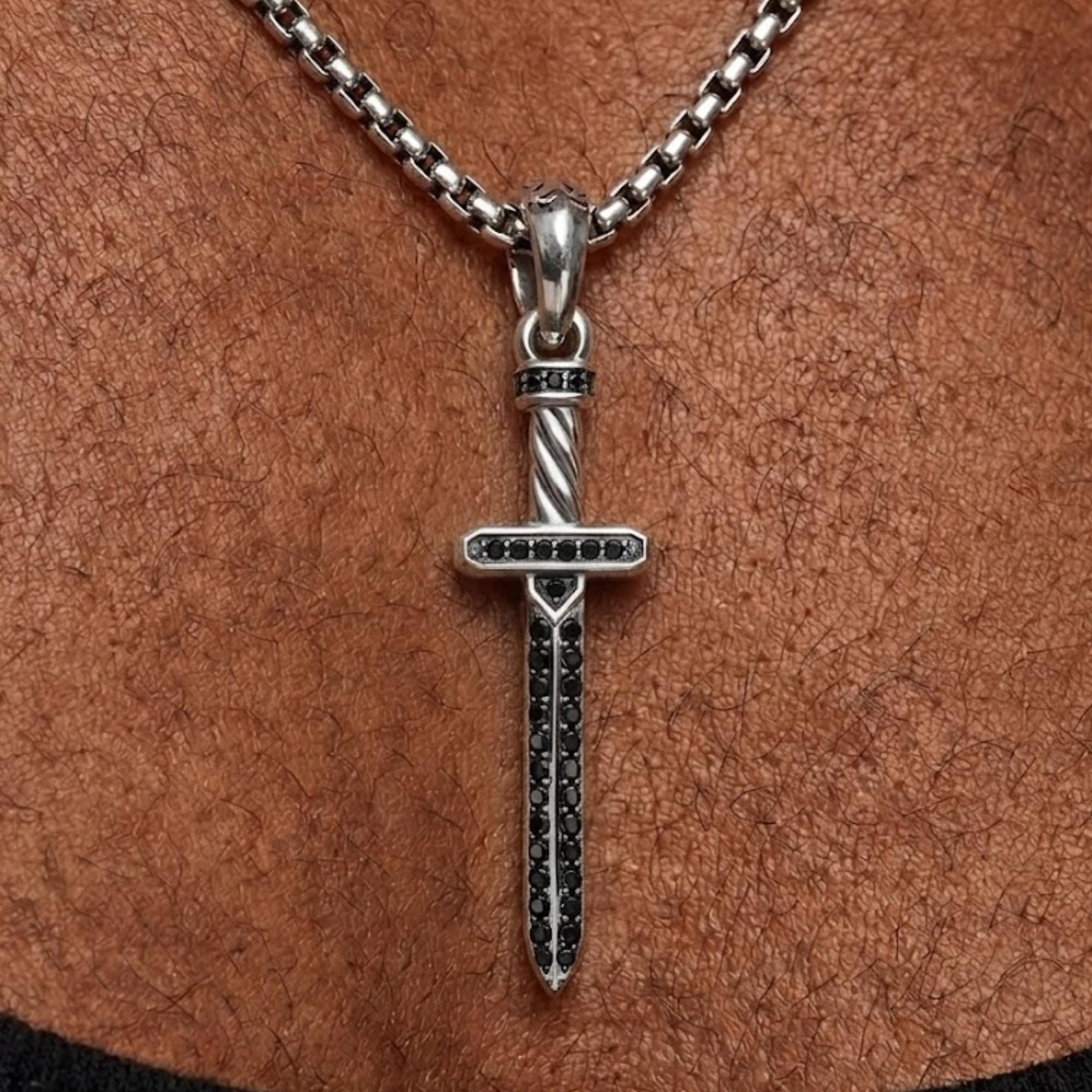 Sword Charm Necklace, 14K Gold Sword Necklace, Moissanite Pendant Necklace, Sword Necklace for men, Sterling Silver Sword Pendant