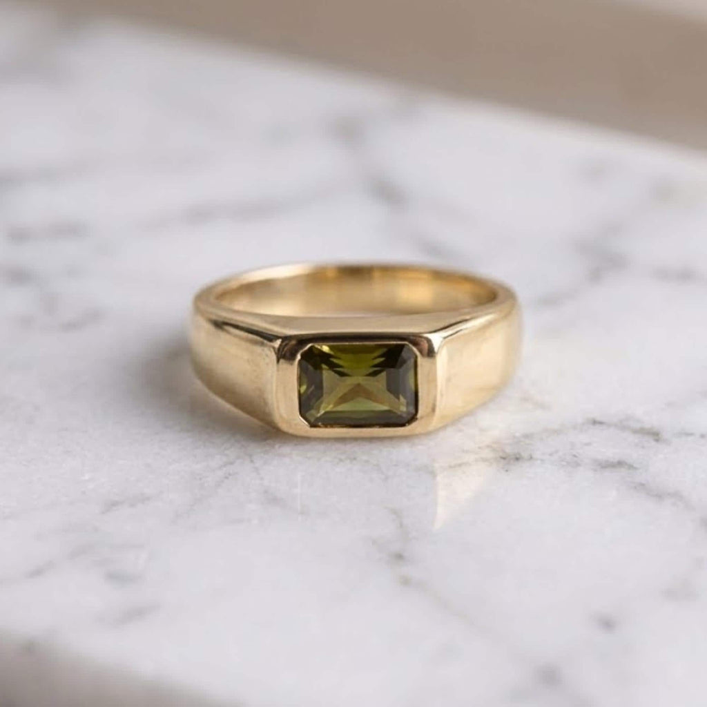 Men's Teal Sapphire Signet Ring, Emerald Cut Green Sapphire Ring, 14K Gold Men's Ring, Modern Wedding Band, Gift For Him