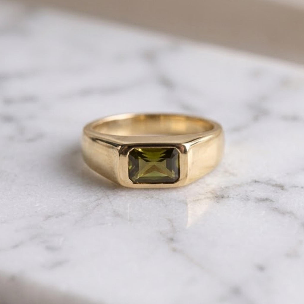 14K Gold Emerald Cut Green Sapphire Mens Teal Sapphire Mens Wedding Band Diamond Moon Star Inner Engraved Band Anniversary Gift For Him