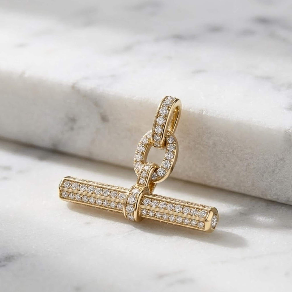 14K Gold Pave Moissanite T Bar Pendant, Minimalist Toggle Necklace, Fine Jewelry