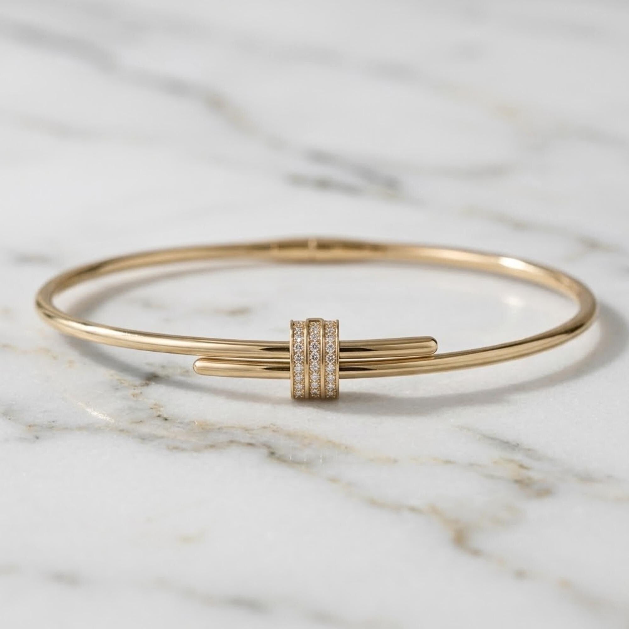 Solid Gold 14K Gold Bangle Bracelet, Moissanite Micro-Pavé Cuff, Stackable Minimalist Jewelry