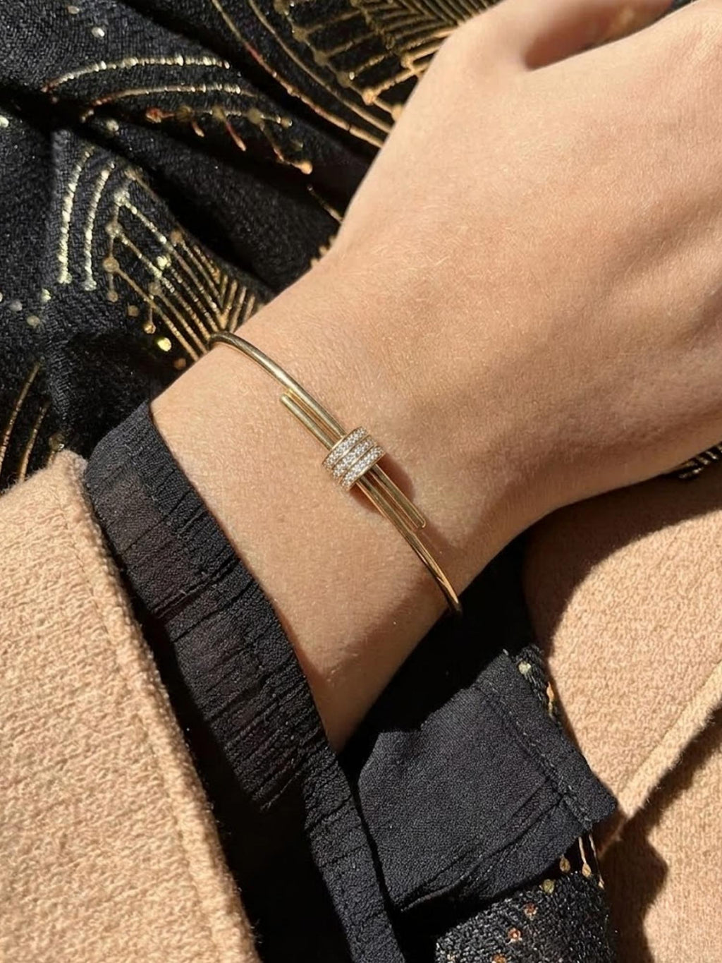 Solid Gold 14K Gold Bangle Bracelet, Moissanite Micro-Pavé Cuff, Stackable Minimalist Jewelry