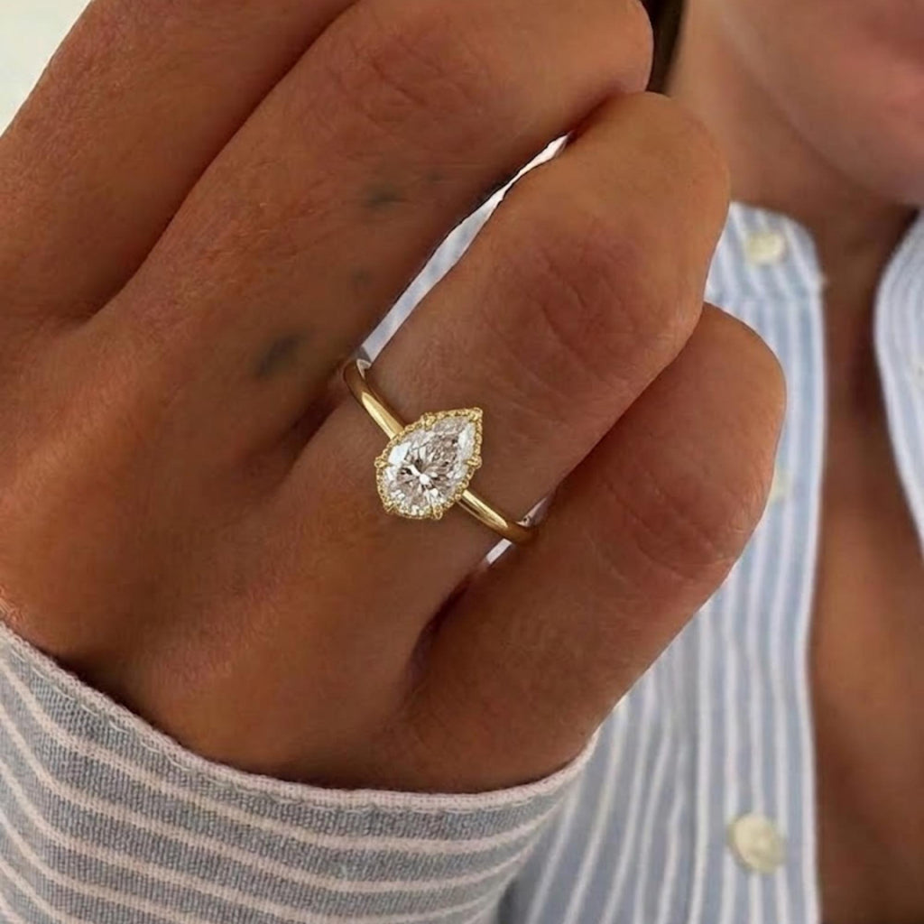 Hidden Halo Pear Engagement Ring, Pear Cut Moissanite Wedding Ring, Leaf Prong Setting Nature Inspired Ring, Anniversary Gift Ring