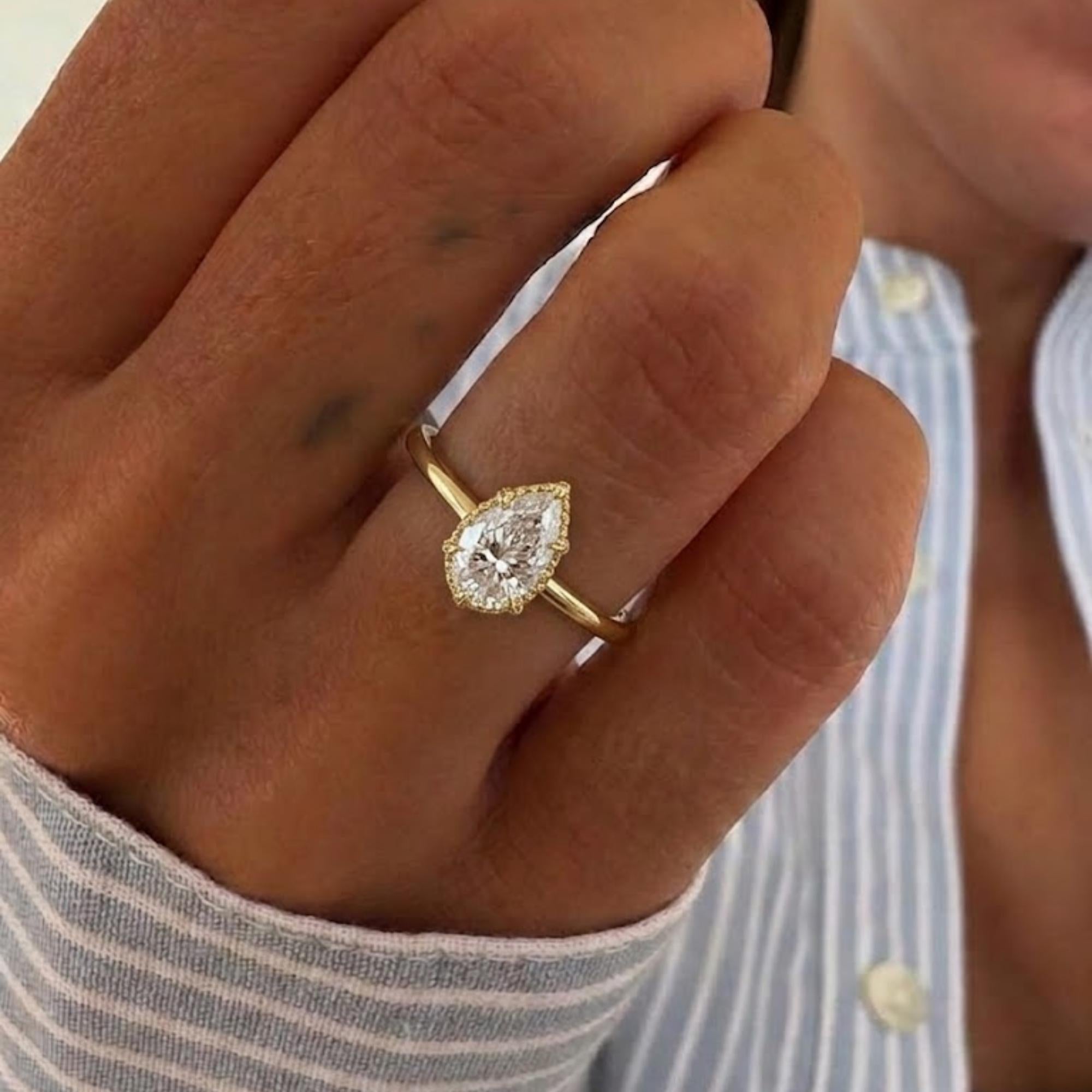 Hidden Halo Pear Engagement Ring, Pear Cut Moissanite Wedding Ring, Leaf Prong Setting Nature Inspired Ring, Anniversary Gift Ring