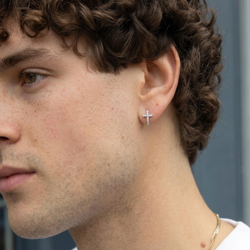 14k Gold Cross Earring, Cross Dangle Earring, Sterling Silver Earring, Gold Hoop Earring, Mens Hoop Earring For Men Waterproof Earring