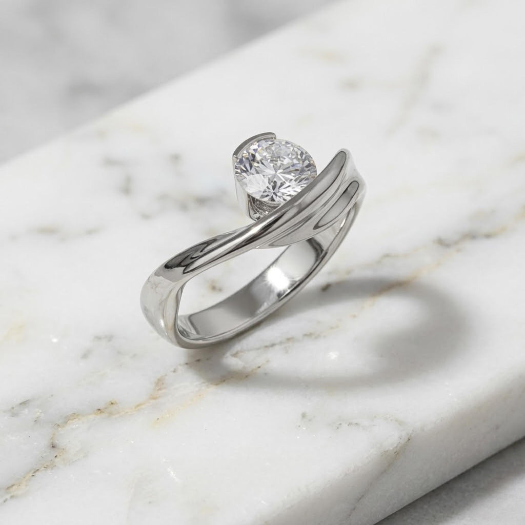 Round Cut Moissanite Engagement Ring: 14K Yellow Gold Wave Band,  Promise Ring