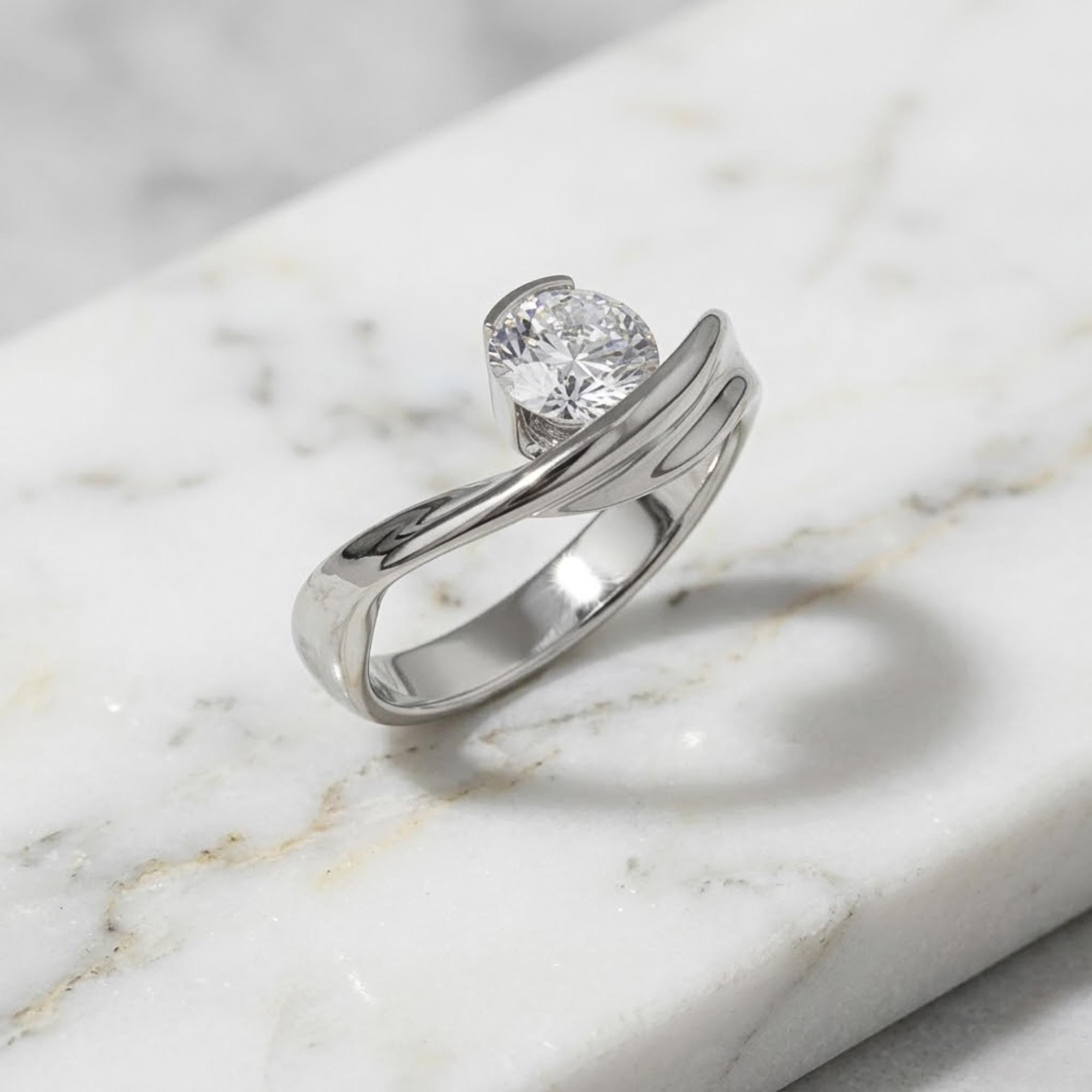 Round Cut Moissanite Engagement Ring: 14K Yellow Gold Wave Band,  Promise Ring