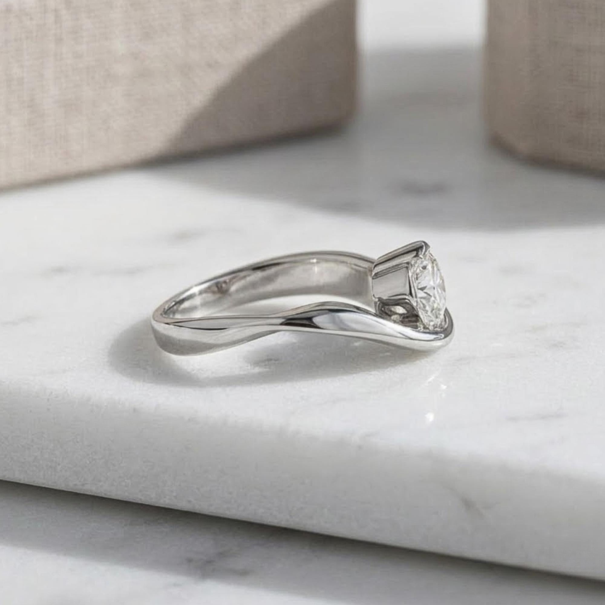 Round Cut Moissanite Engagement Ring: 14K Yellow Gold Wave Band,  Promise Ring