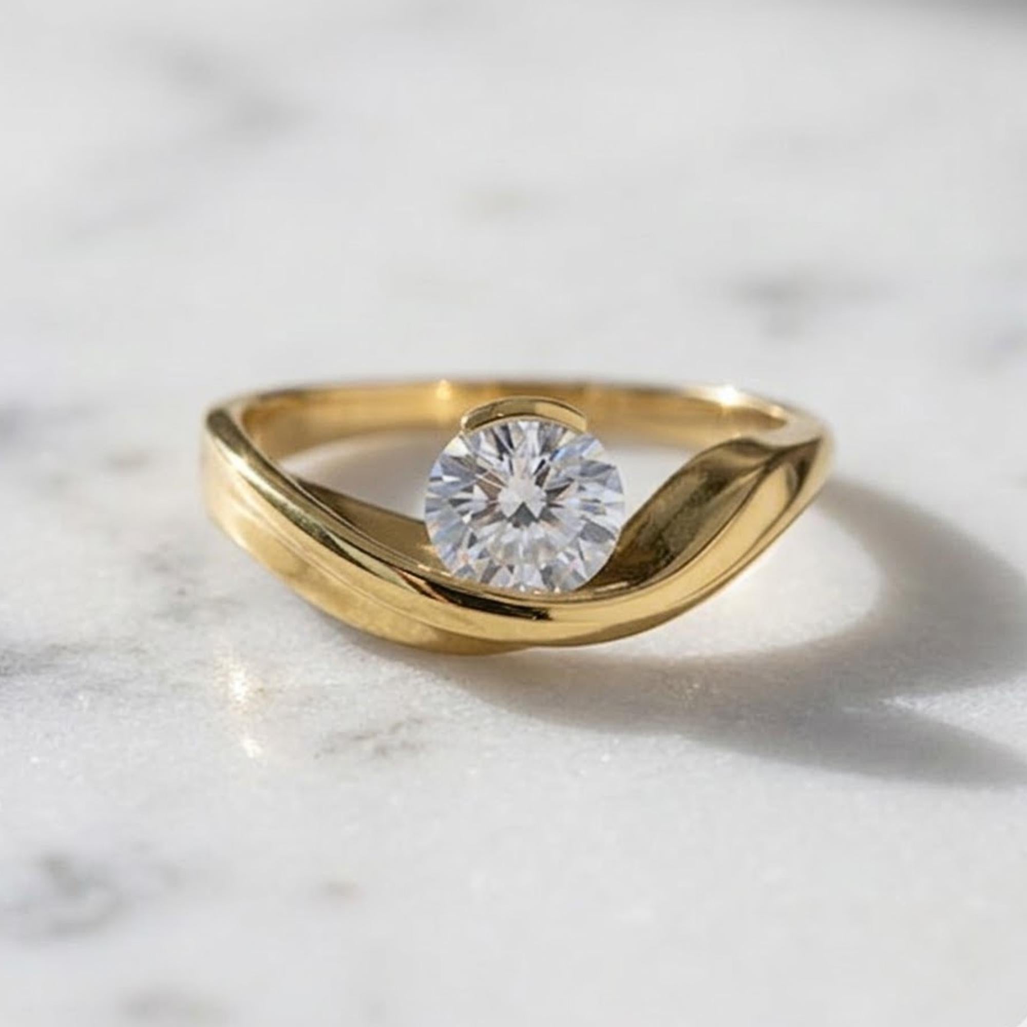 Round Cut Moissanite Engagement Ring: 14K Yellow Gold Wave Band,  Promise Ring